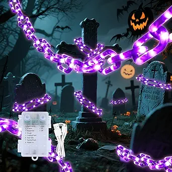 YOUNGAR Halloween String Lights,13.7ft 175LED Battery/USB Operated Plastic Chain Light,Timer Memory with 8 Modes for Haunted House Indoor or Porch, Window, Party Outdoor Decorations (Purple)