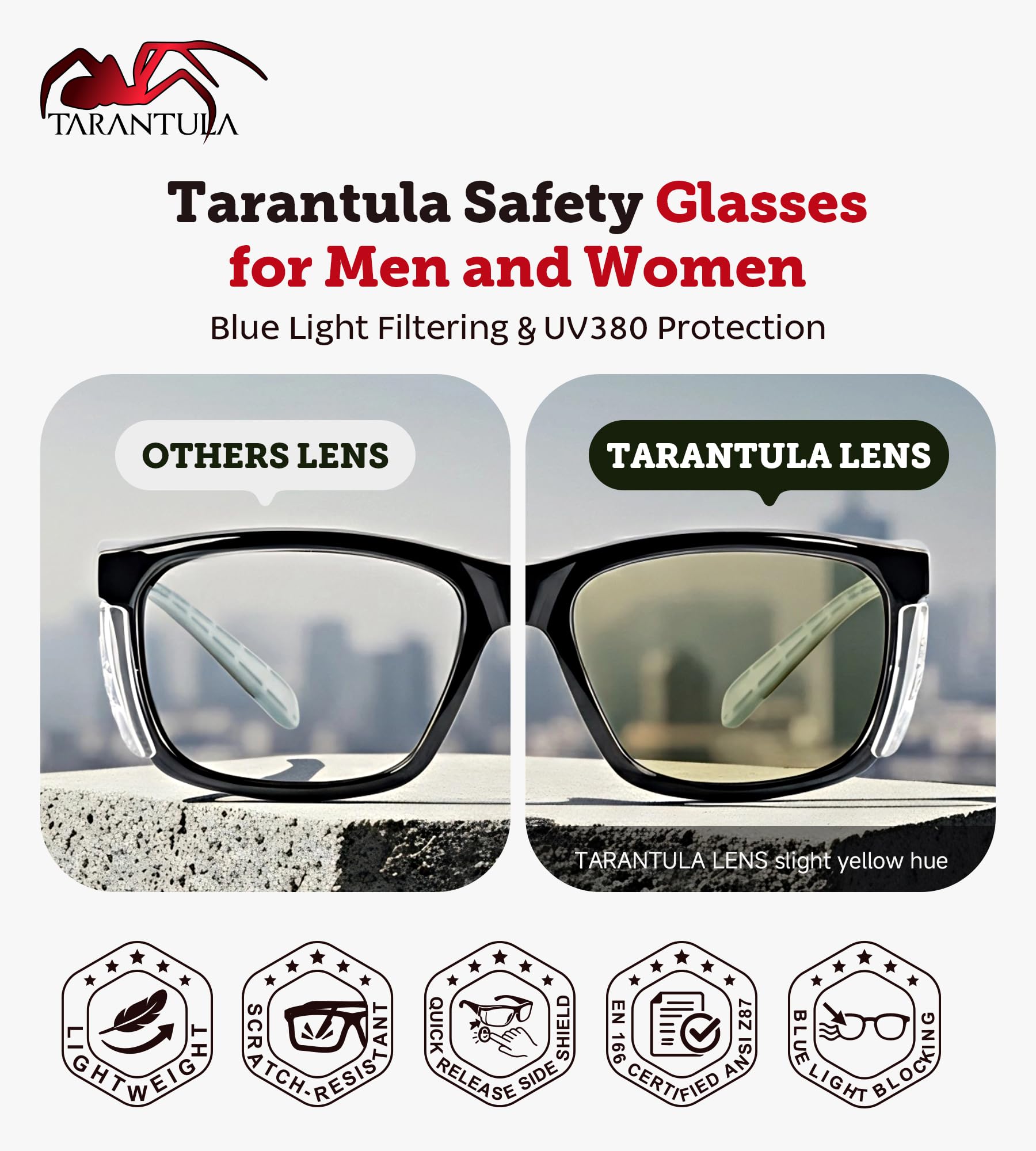 Tarantula Gafas de seguridad Z87 para hombres y mujeres, patillas TPR suaves, lentes transparentes antivaho, bloqueo de luz azul, protectores laterales extraíbles, gafas protectoras ligeras