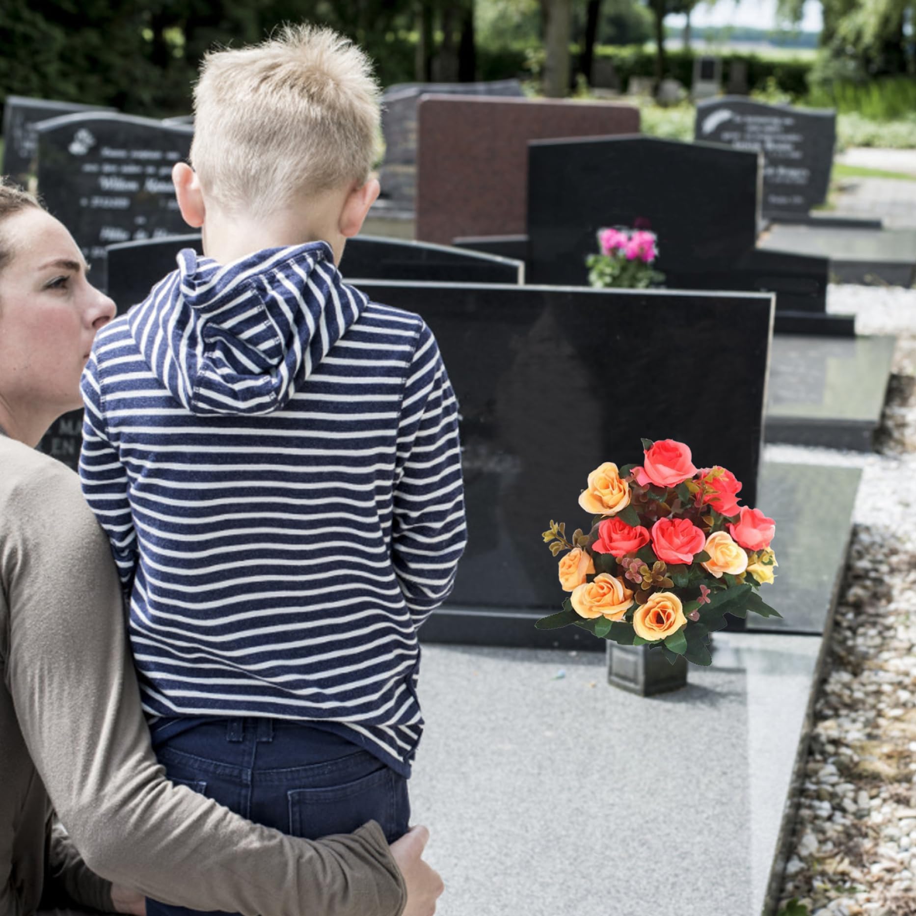 4 mazzi di Rose finte da cimitero da 11, 8'', a 12 Teste, in Seta, Fiori commemorativi per la Decorazione del Vaso della Tomba, Arancione