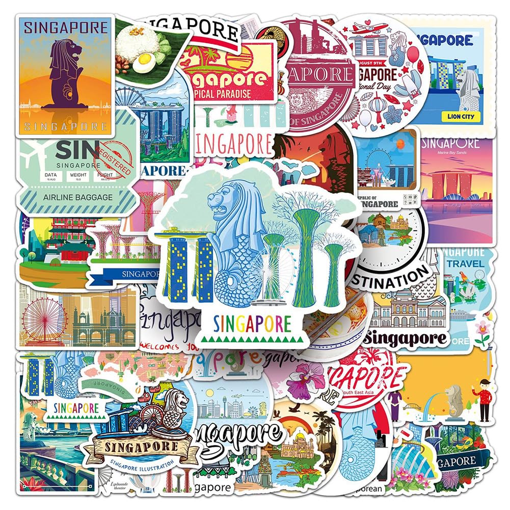 Singapore Travel Stickers |50Pcs Singaporean Waterproof Vinyl Decals for Bike Water Bottles Laptop Bicycle Refrigerator Cup Luggage Computer Mobile