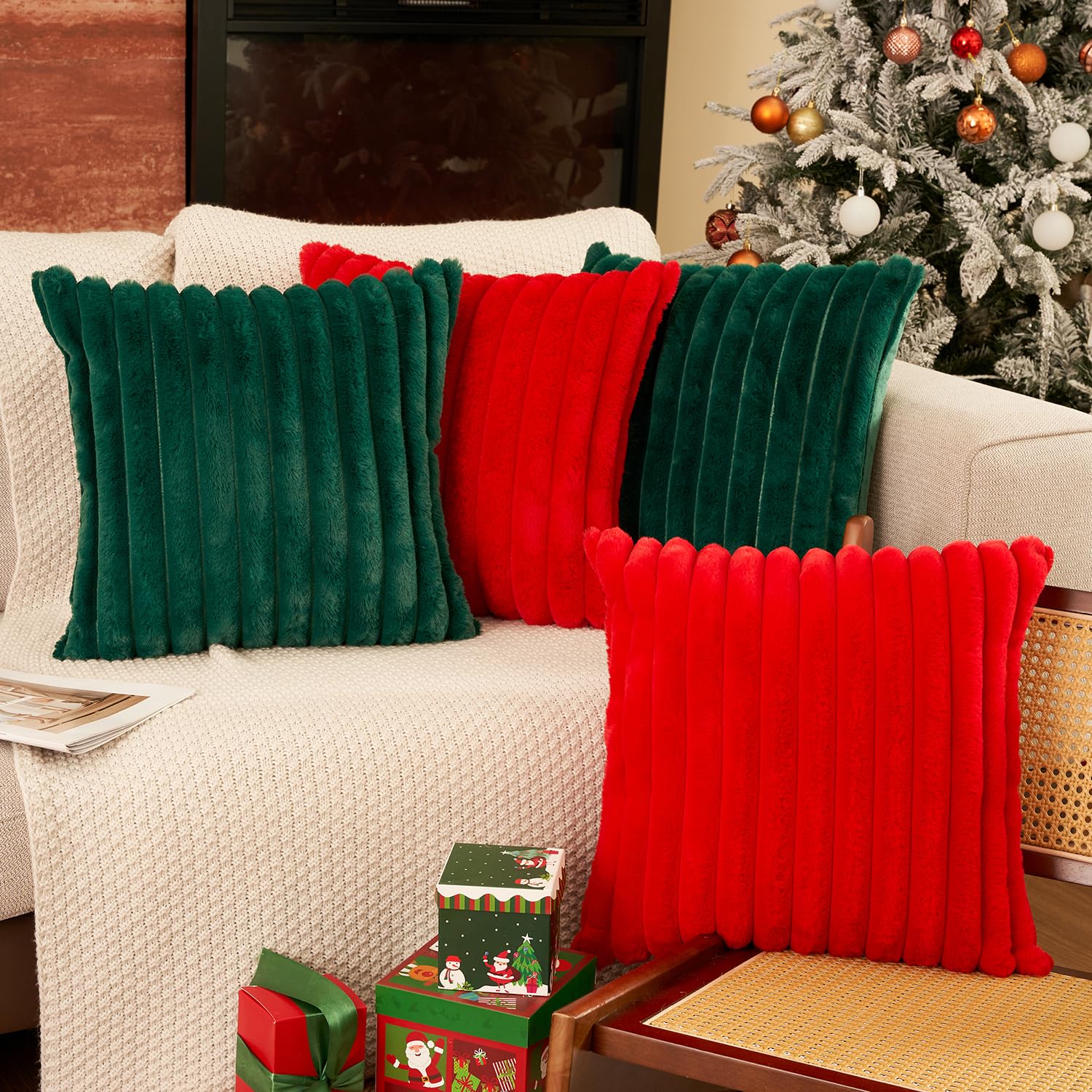 Christmas Cushion Covers 60cm x 60cm Fluffy Faux Fur Set of 4 Throw Pillow Covers Soft Plush Pillowcases for Sofa Bed Modern Style Home Decor Striped Cushion Cover 24x24 Inches Dark Green & Red
