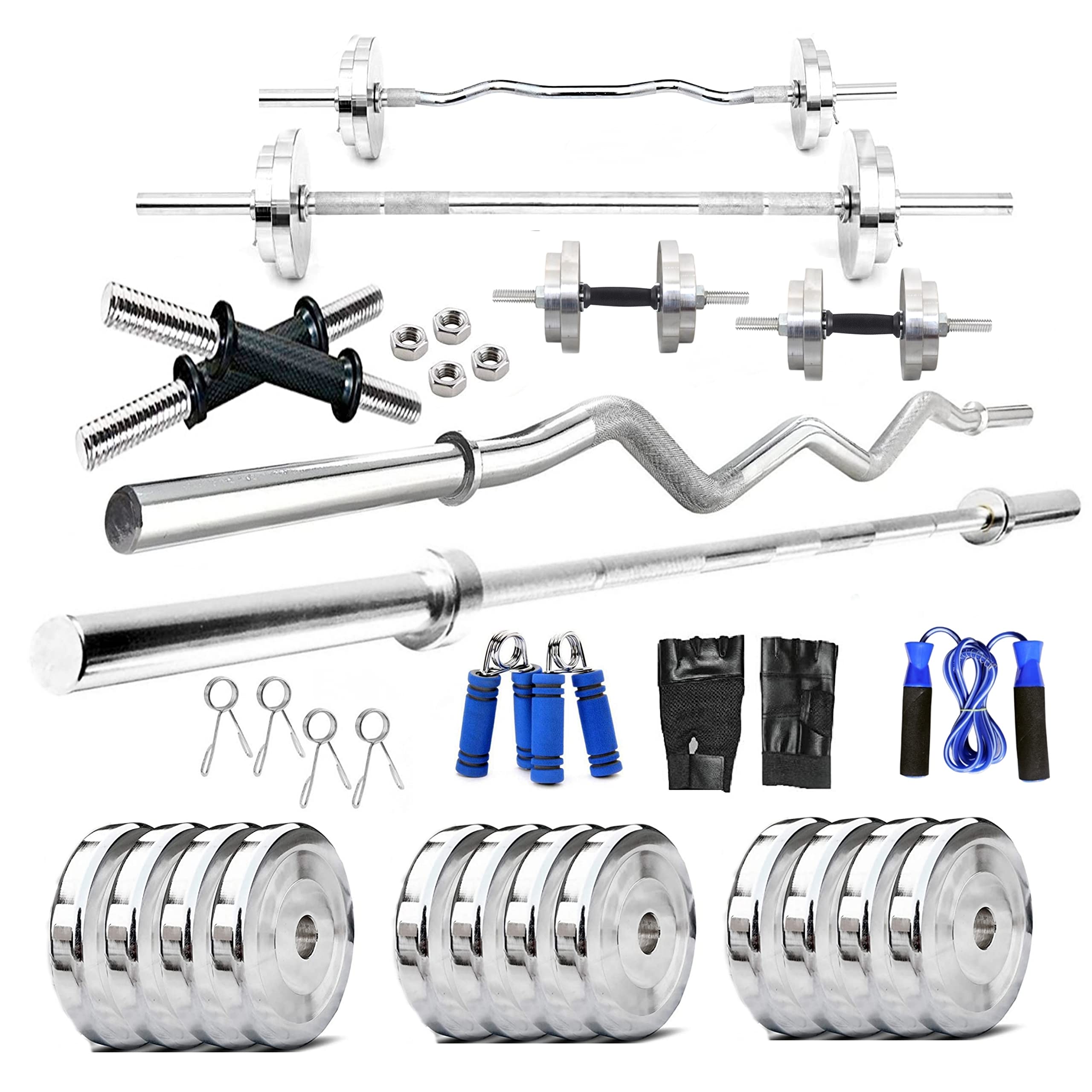 BULLAR home gym set 8kg to 70kg with ez/curl/straight/pair of dumbbell rods, customize your own Exercise Set with Workout Accessories (25mm 4ft+5ft+dumbbell rods, Steel, 70 KG) discount deal