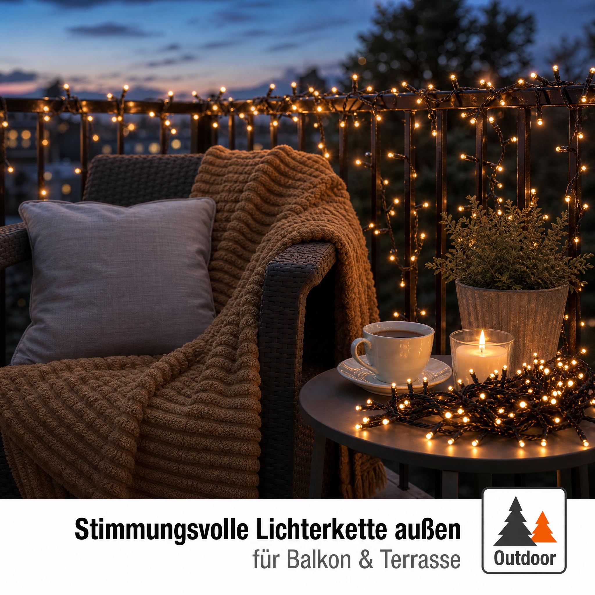 hellum Lichterkette Außen LED mit Stecker, 800 Mini-LED warmweiß, 15,98 m beleuchtet, schwarzes Kabel, für Weihnachtsbaum, Balkon & Terrasse, Gartenbeleuchtung, <59lm, 151893