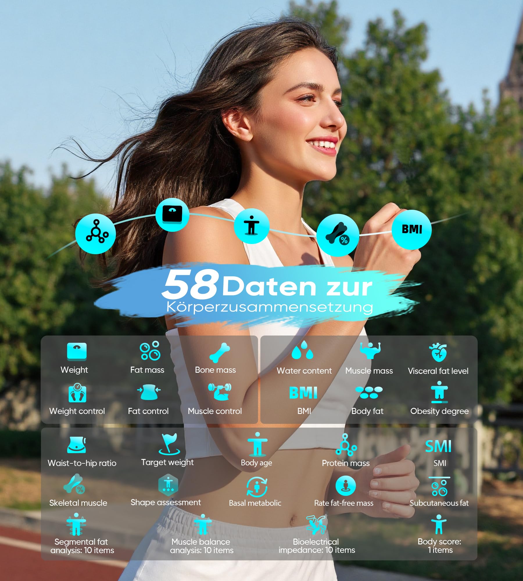 Körperfettwaage mit 8 Elektroden, Personenwaage mit 58 Körperanalyse Bluetooth App mit Handsensoren Waage mit Körperfett und Muskelmasse für Protein, BMI, BMR, Großem Display,180 kg/400 lbs