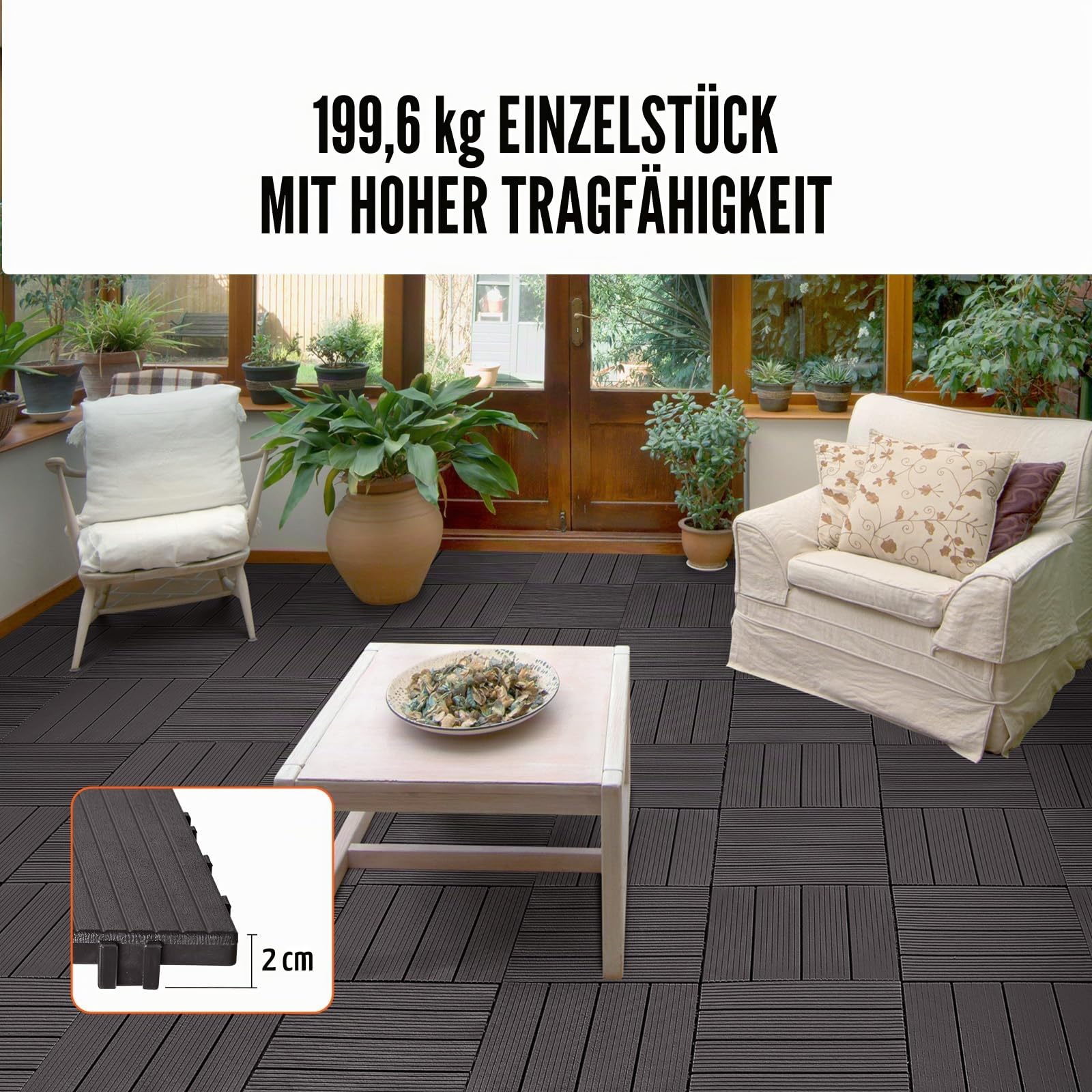 VEVOR Terrassenfliesen, 54er-Set, Balkonfliesen 30x30cm, Klickfliesen, wasserdichter Kunststoff-Bodenbelag für den Außenbereich, Terrassenbodenbelag für Veranda, Pool, Balkon, Hinterhof, Dunkelbraun