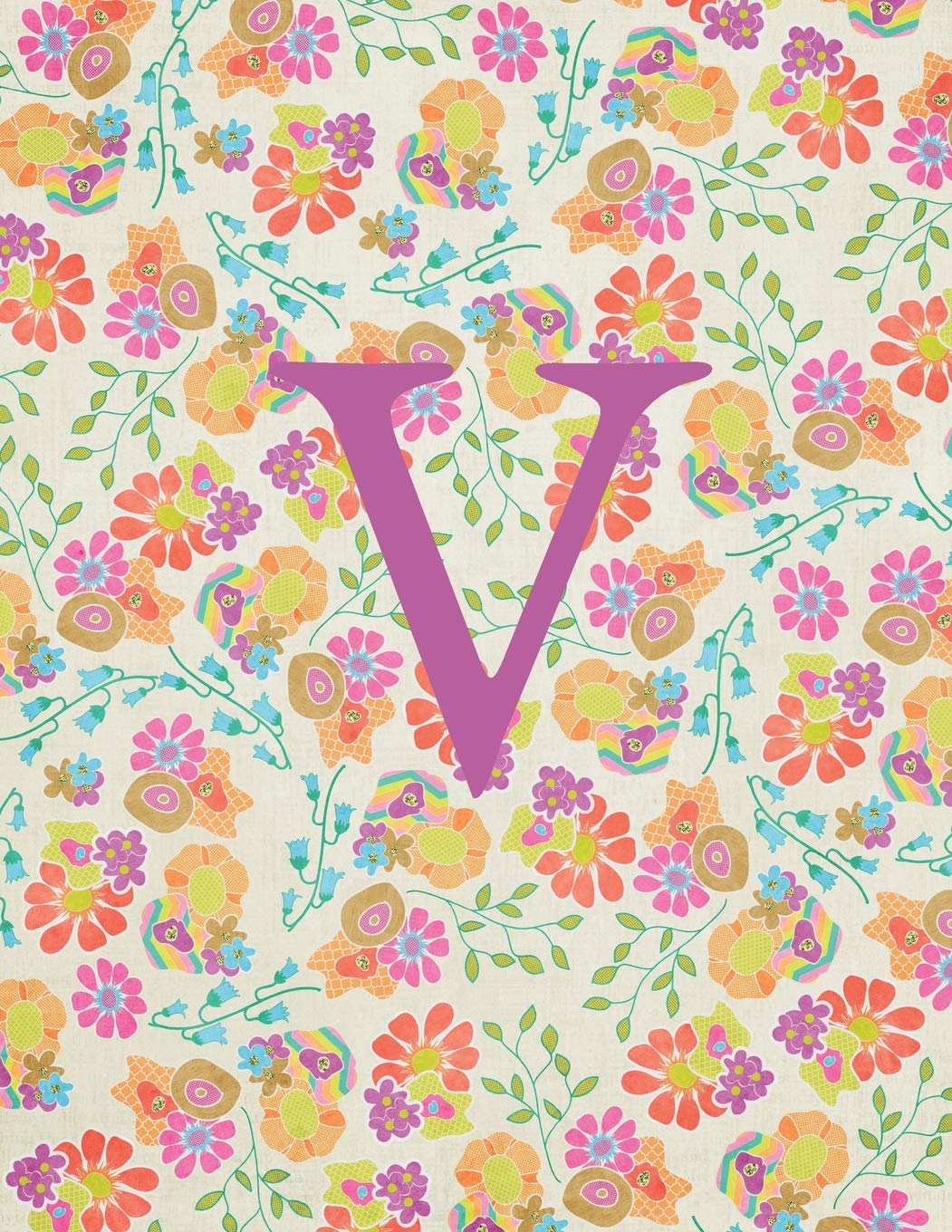 V: Monogram Initial V Notebook for Women and Girls-Bright Floral-120 Pages 8.5 x 11