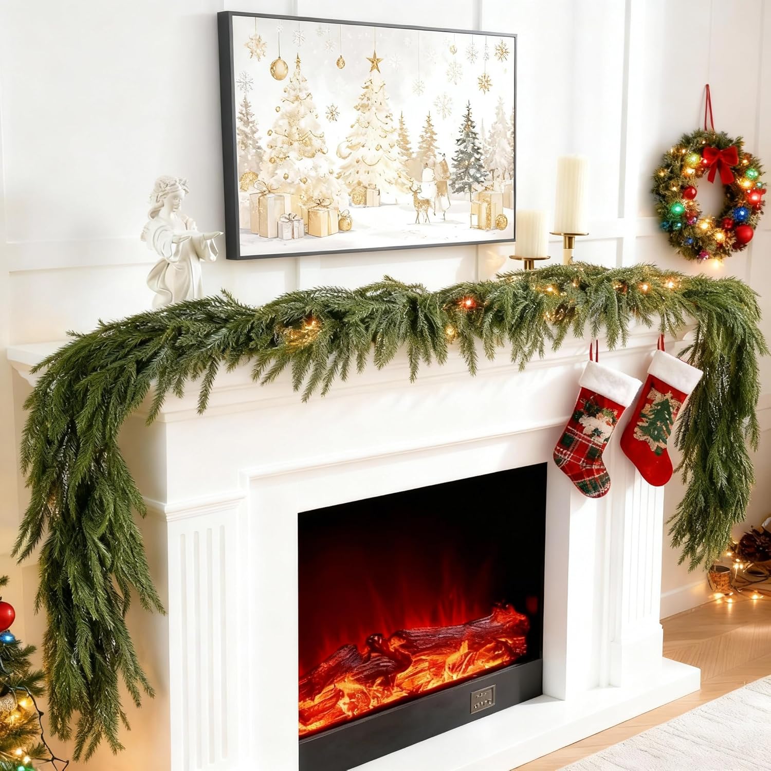 Christmas Norfolk Pine Garlands 6FT, Real Touch Artificial Greenery Garland – Full Evergreen Pine Garland for Mantle, Fireplace, Table, Wall, Stairs & Outdoor Holiday Décor-QBrand (Green-1Pack)