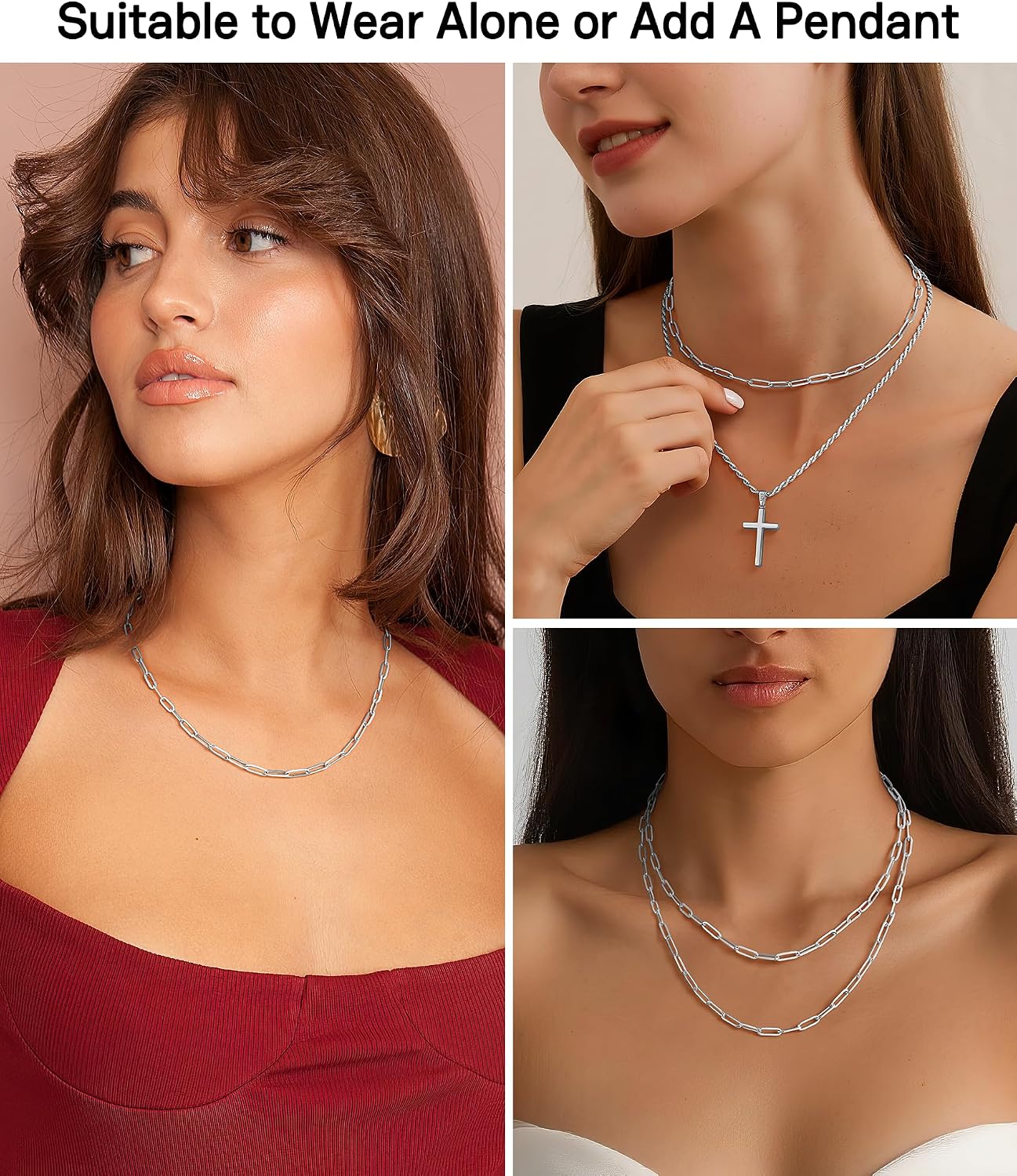 3MM Paperclip Necklace 925 Sterling Silver Paperclip Chain Necklace for Women, Sturdy & Durable Women's Chains Necklace, 16 18 20 22 24 26 Inch