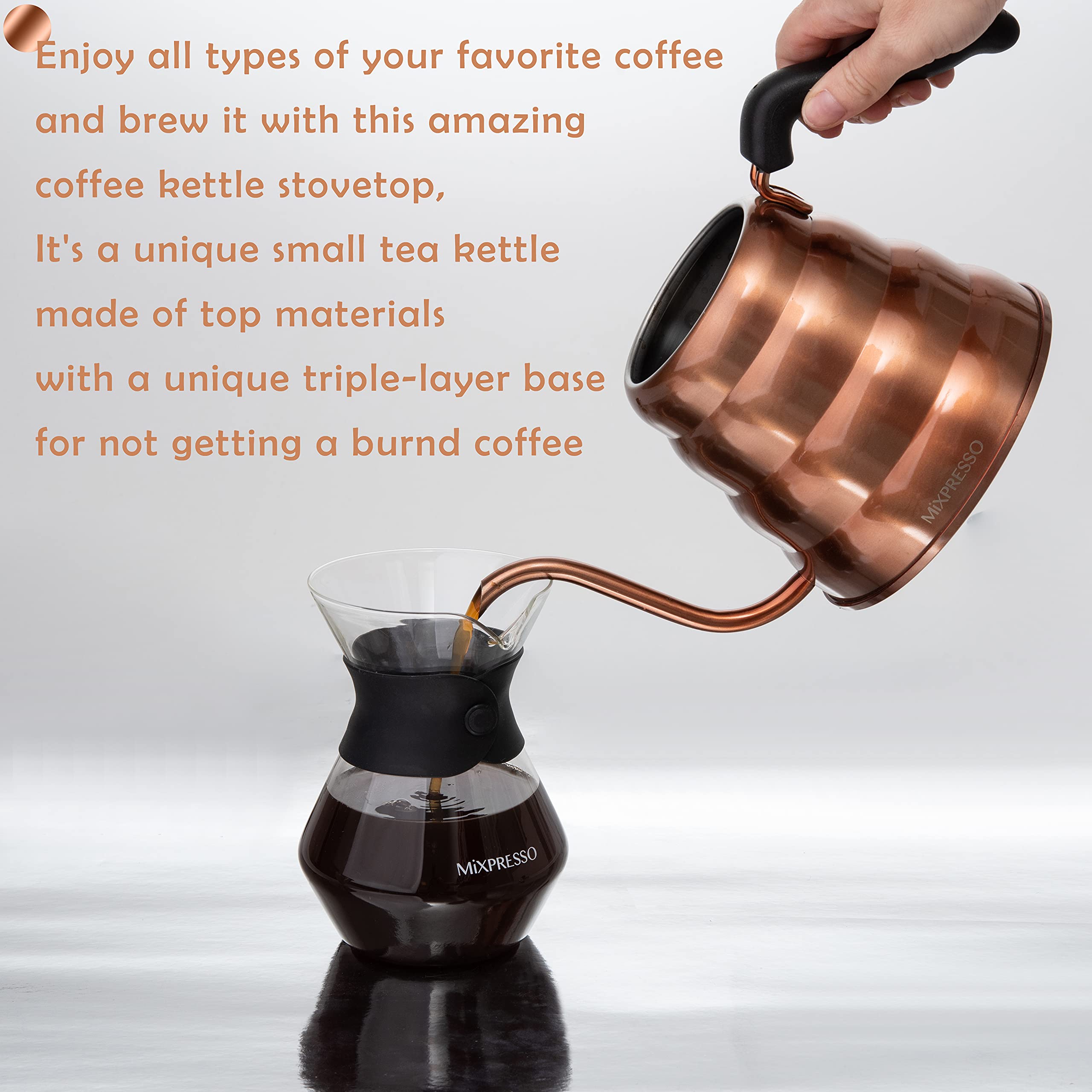 Mixpresso Schwanenhals-Wasserkocher, Barista-Ausgießer-Design für Kaffee und Tee, hochwertiger Edelstahl, 1,2 Liter (40 oz), Tropfkaffee, Induktionsherd, Kupferherd