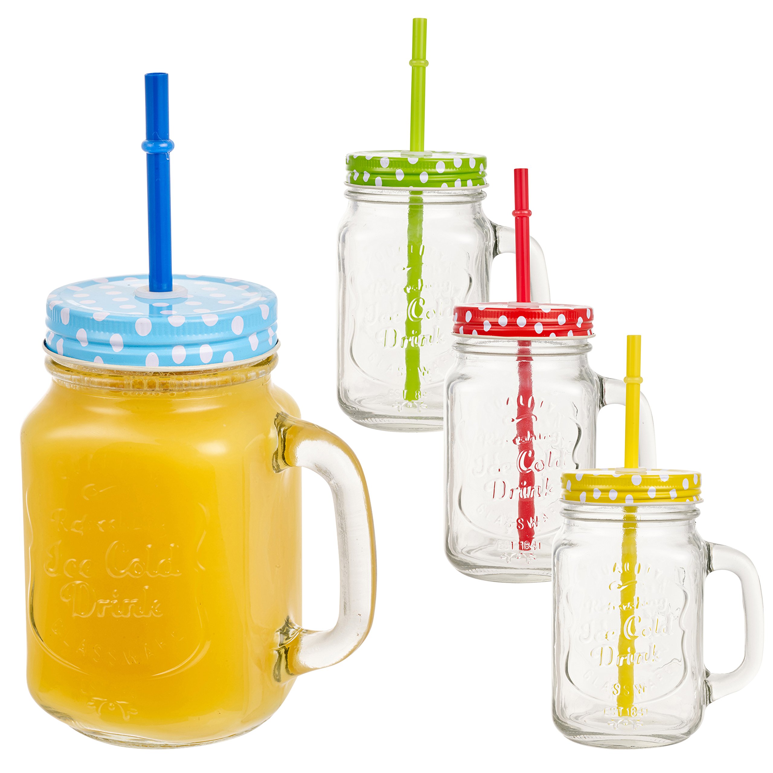 Excellent Houseware Blue, Green, Red, Yellow Mason Drinking Glass Jar Tumbler With Lid & Straw - Set Of 4