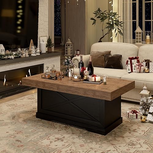 Miniatura 5 de Mesa de café Lareth 39 pulg. Mesa rústica central con pedestal de madera en X para sala de estar, ahorro de espacio, mesa de té de oficina en casa