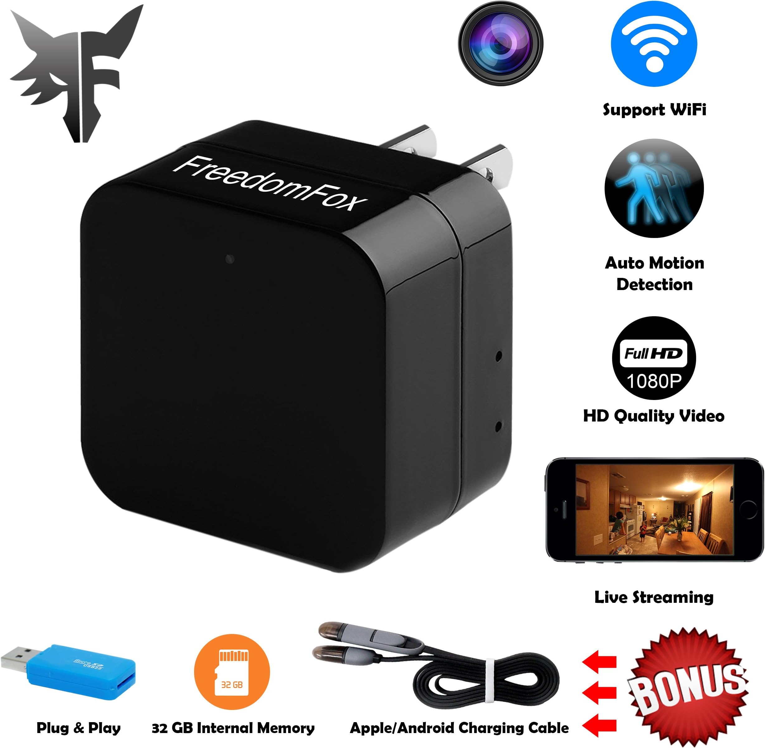 [Upgraded] WiFi Live Stream Hidden Camera - 32 GB Memory Included - Motion Detection with Push Notification - Nanny Cam - 1080P Video
