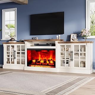 Jocisland 97" Farmhouse TV Stand with 33" Fireplace for TVs up to 100", Media Entertainment Center with Large Storage Cabinet and Adjustable Shelf for Living Room, White/Barnwood