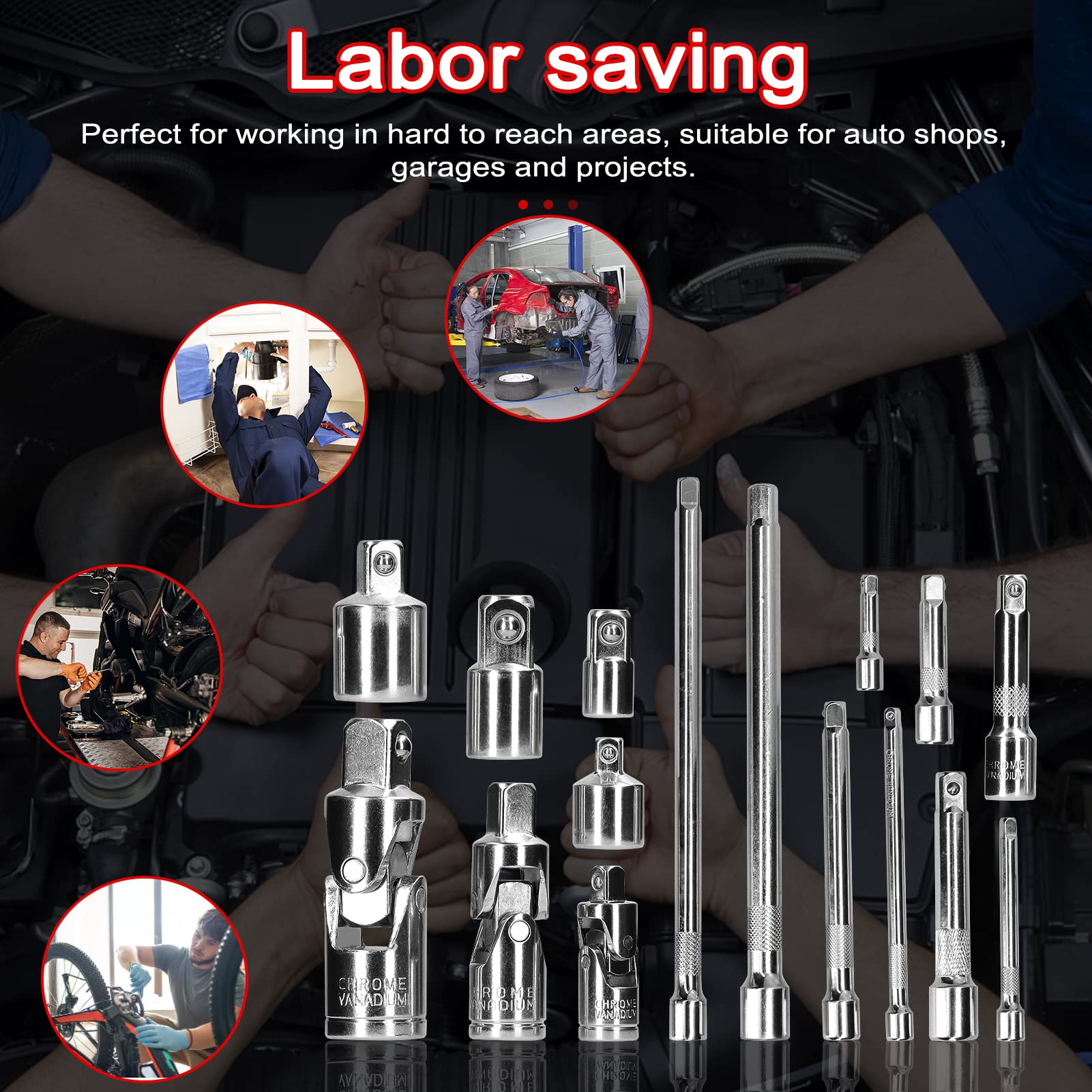 Lot de 16 adaptateurs de douilles pour outils d'entraînement comprenant 9 tiges d'extension, 3 joints universels, 4 douilles à impact, kit d'accessoires professionnels