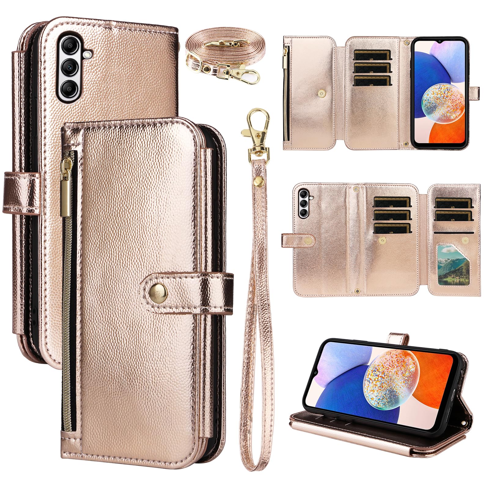 Dswteny Wallet Case for Samsung Galaxy A05s/A05 with Wrist Strap Shoulder Strap Zipper Purse, Luxury Leather Flip Folio Credit Card Holder Stand Cell