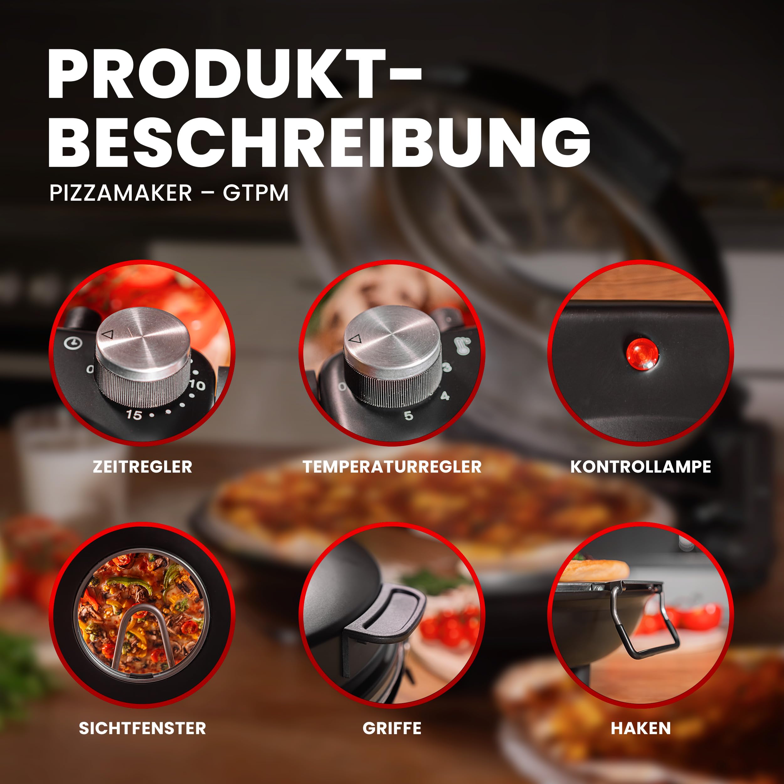 Pizzaofen elektrisch mit Pizzastein – Pizzamaker 1200W bis 400 Grad – Elektrischer Ofen für Zuhause & Outdoor – Timer & Sichtfenster – Mini Backofen für Pizza wie vom Steinofen