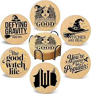 Coasters Witch for Drinks with Holder Set of 6, Wicked Cork Coaster Absorbent for Office Desk Cup Table Coasters Kitchen Decor House Warming Gifts for New Home Couples, Round 4