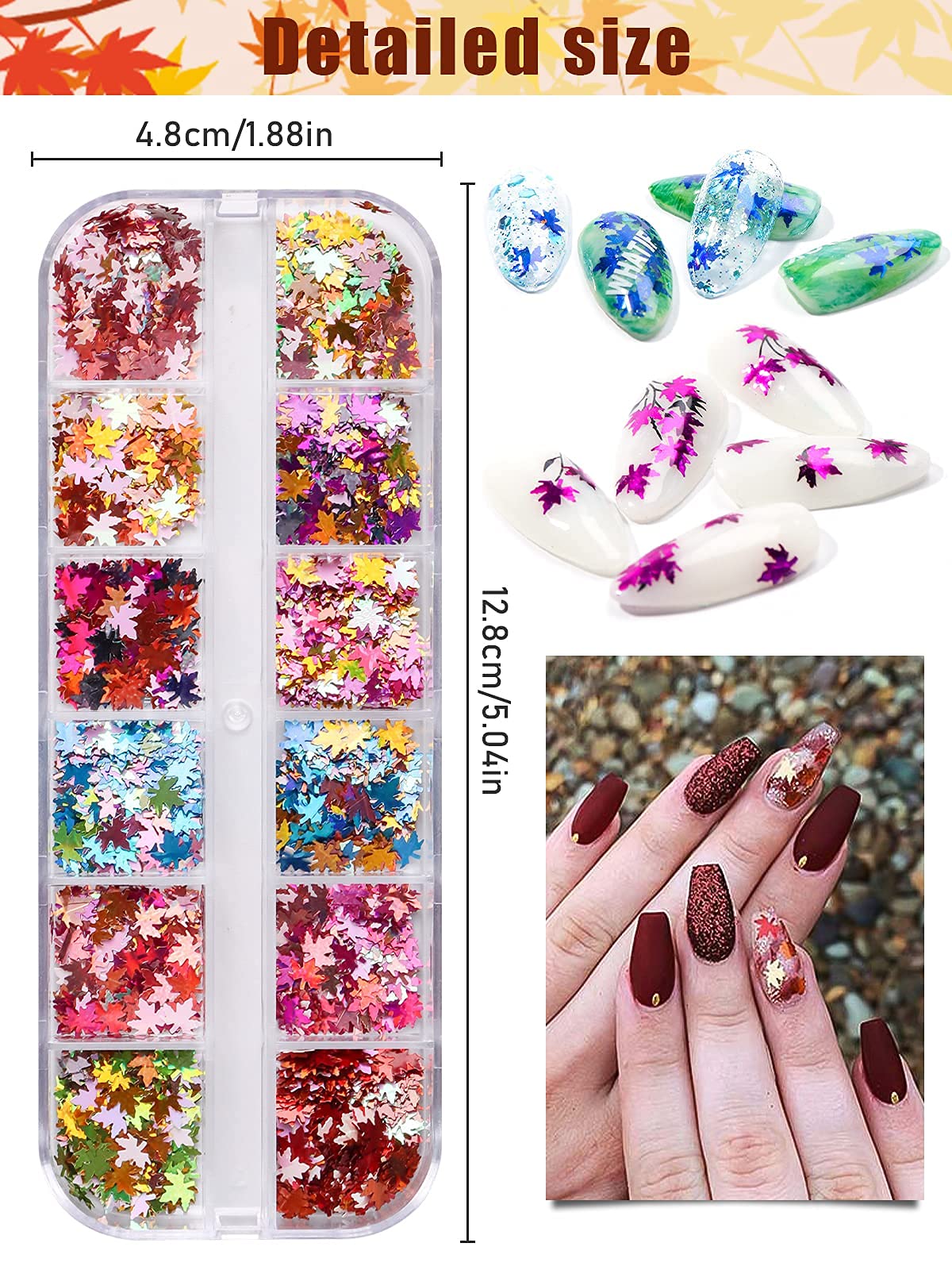 EBANKU 3D Fall Maple Leaf Holographic Nail Art Glitter Sequins, 12 Colors Laser Maple Leaf Nail Stickers Supplies Resin Mold DIY - Image 2