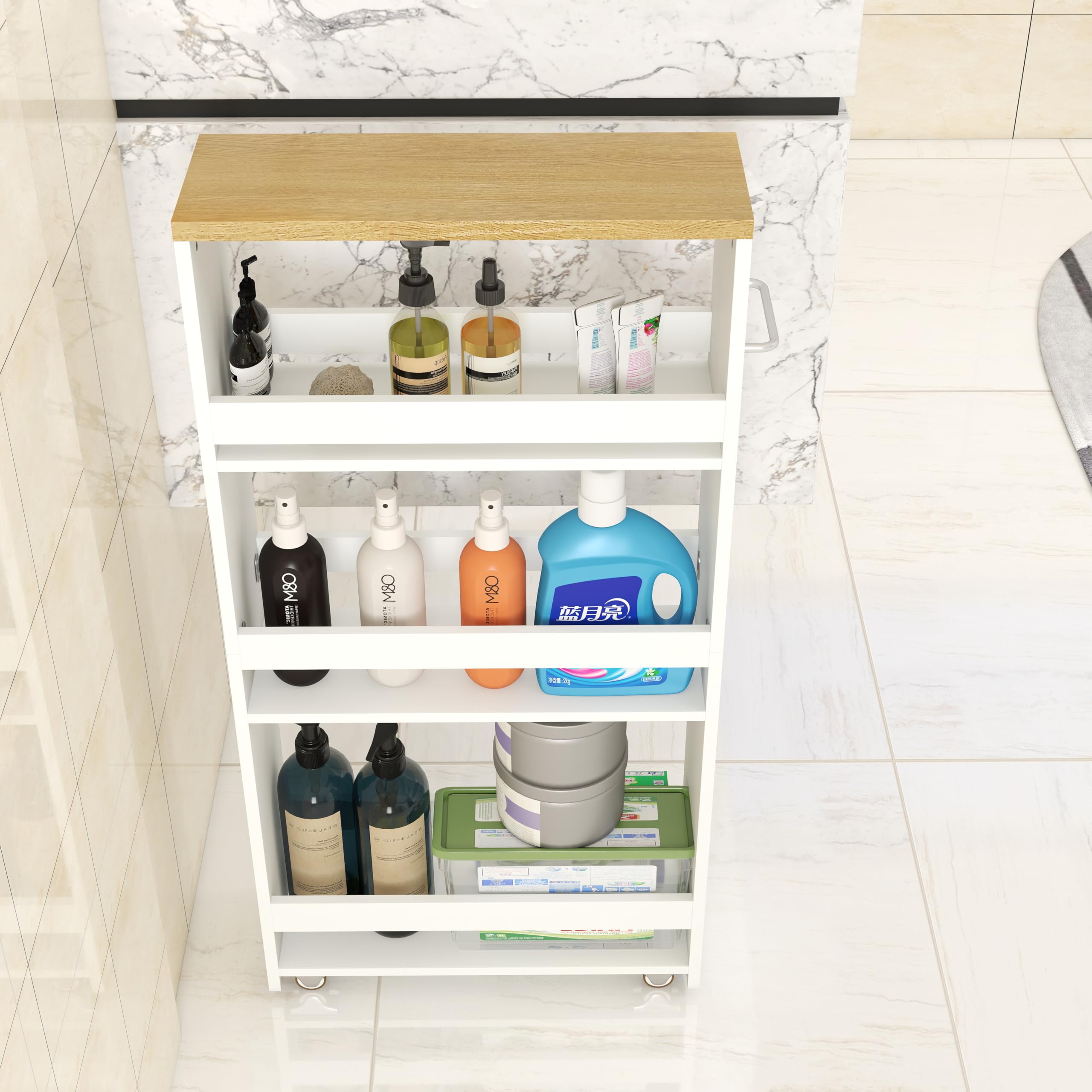 Carrello Salvaspazio Bagno Con Ruote Portatutto, Mobile Bagno Salvaspazio con spazio di stoccaggio a tre piani, Porta Detersivi bianco (40x14x80 cm)