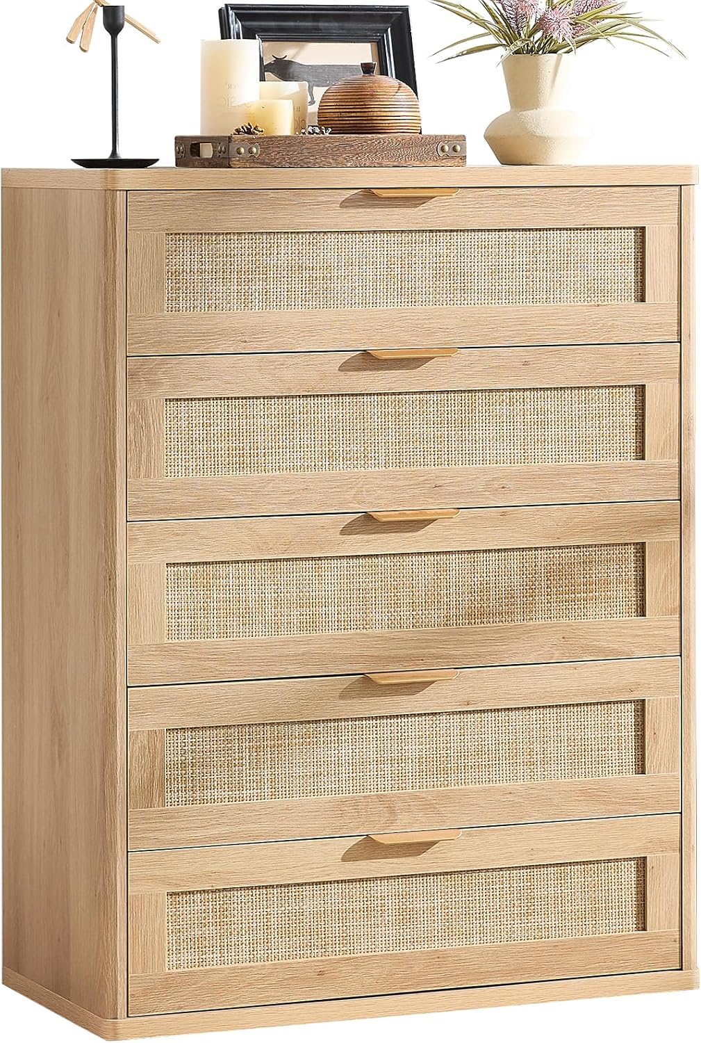 LEYAOYAO Rattan Dresser for Bedroom, 41" Tall Chest of Drawers, Modern 5 Drawers Boho Dressers with Storage, Light Oak Dresser Wooden Closet Organizer for Living Room, Hallway, Natural Wood