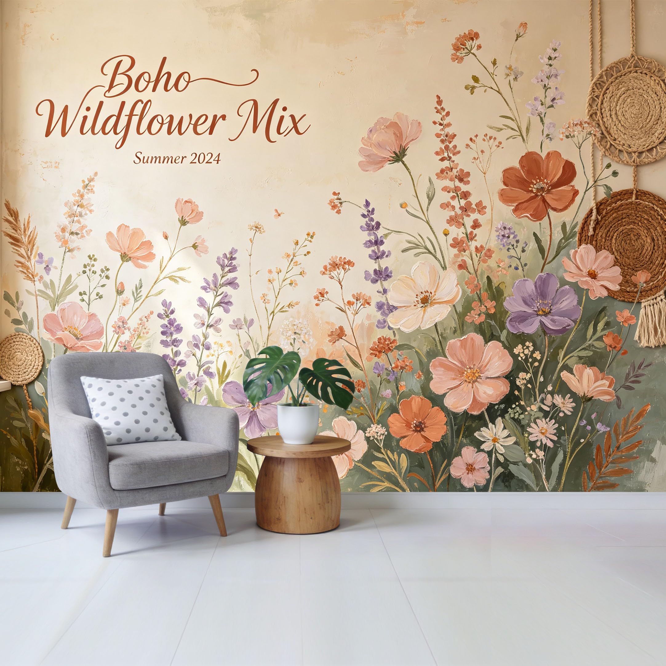 Qzlithotic Yq2605251208 Custom Size Wall Mural Bohemian Wildflower Watercolor Floral Oil Painting Art Selfadhesive Wall Fabric Removable Wallpaper For Home Office Decor