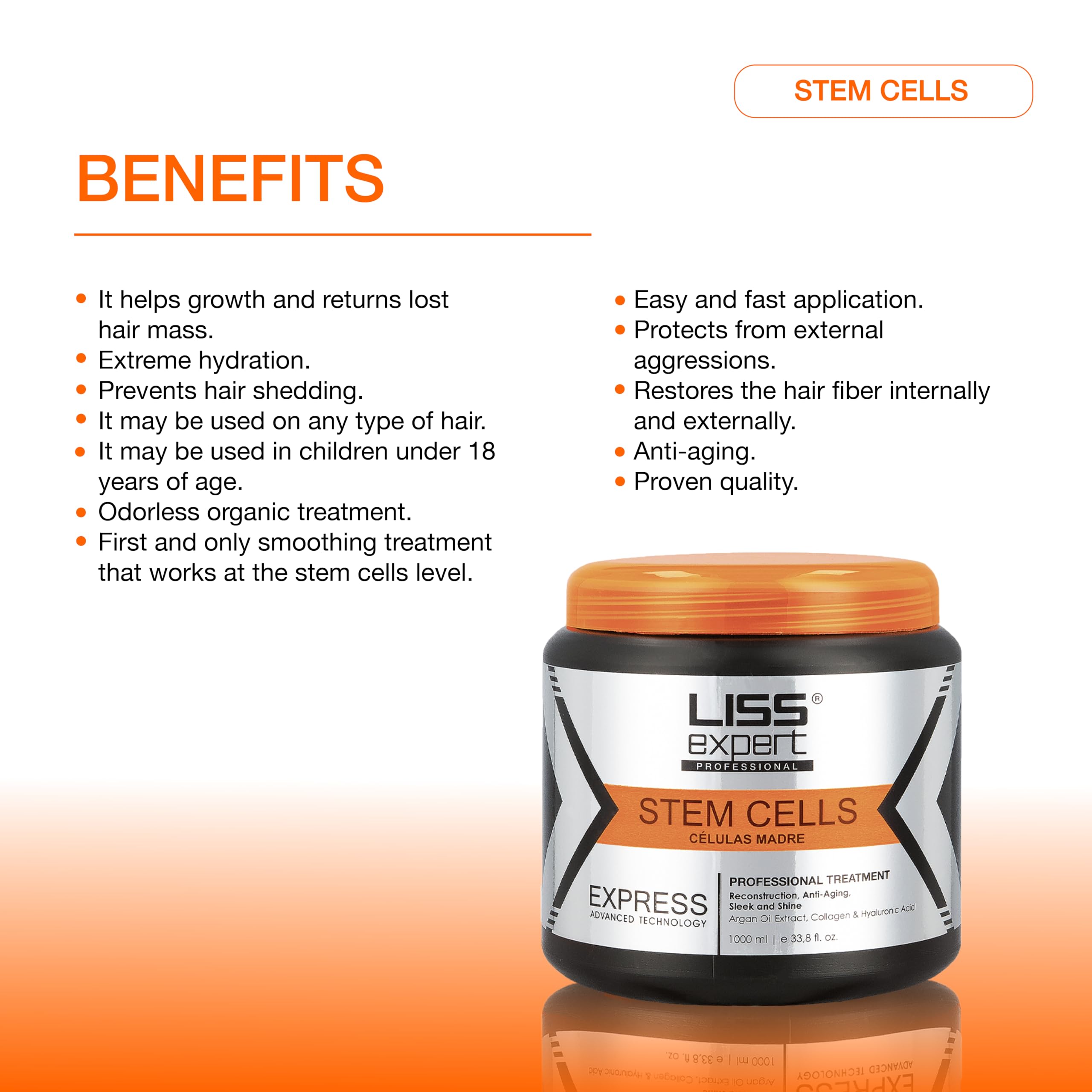 Liss Expert Stem Cells Smoothing Treatment – Organic Keratin & Argan Oil – Nanoplasty for Frizz-Free Repair & Shine – Professional Straightening (33.8)