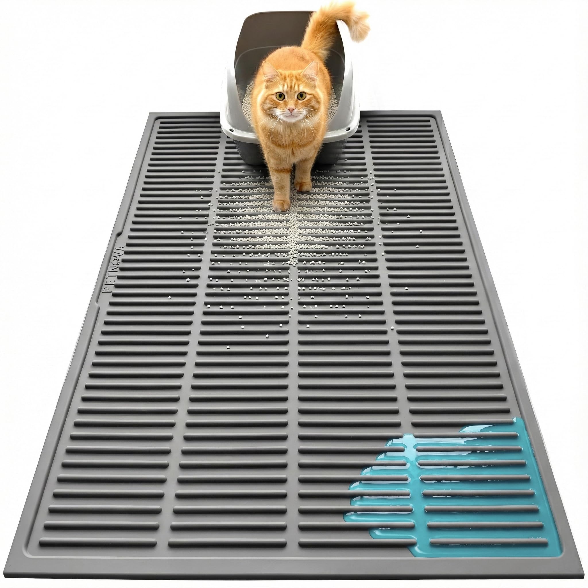 PetNova Large Cat Litter Mat: Silicone Litter Trapping Mat for Litter Box - Easy to Clean Waterproof & Anti-Slip Soft Rubber Mat - Durable Design Traps Pellet & Clay Litter
