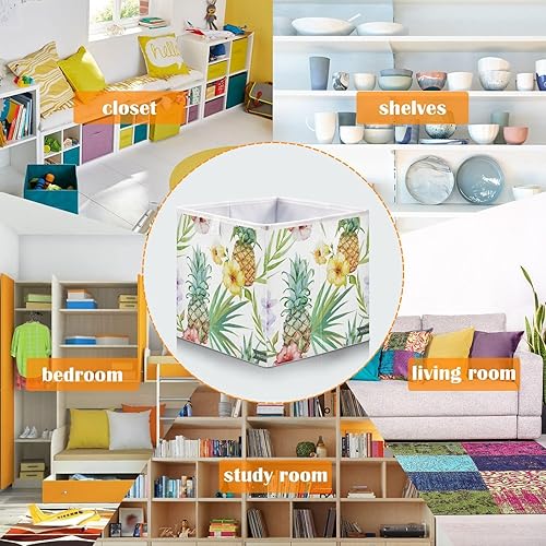 Miniatura 5 de Cubo de almacenamiento de tela con diseño de piñas de hibisco, plegables, organizadores para estantes, habitación del bebé, dormitorio, hogar, 11 x