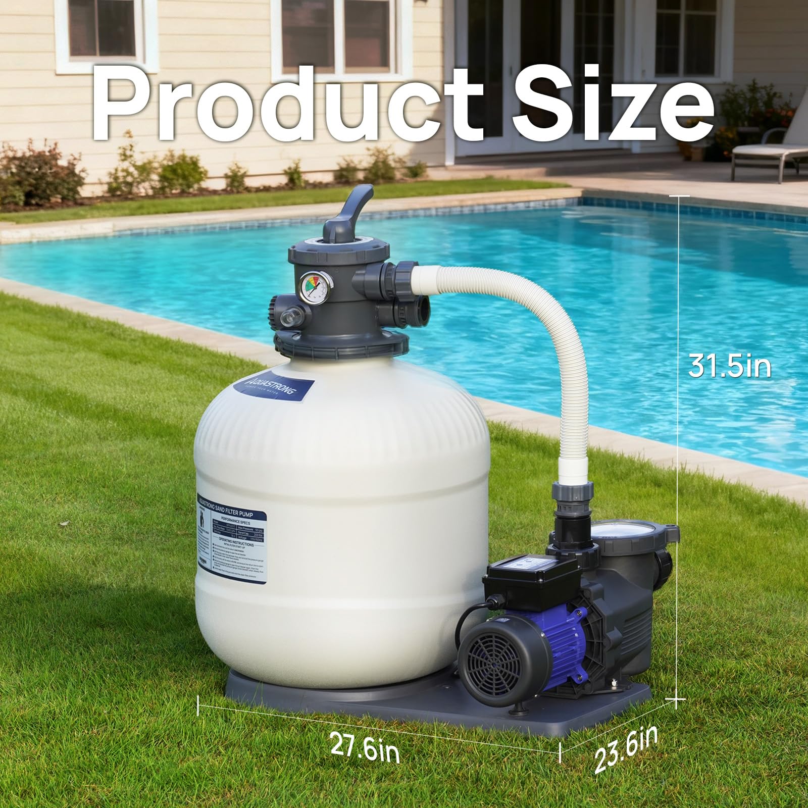 AQUASTRONG Pompe de filtre à sable de 45,7 cm pour piscine hors sol avec minuterie, 1,5 HP, 8100 GPH Pompes de piscine hors sol pour piscines jusqu'à 28 000 gall, filtre de piscine avec valve à 6
