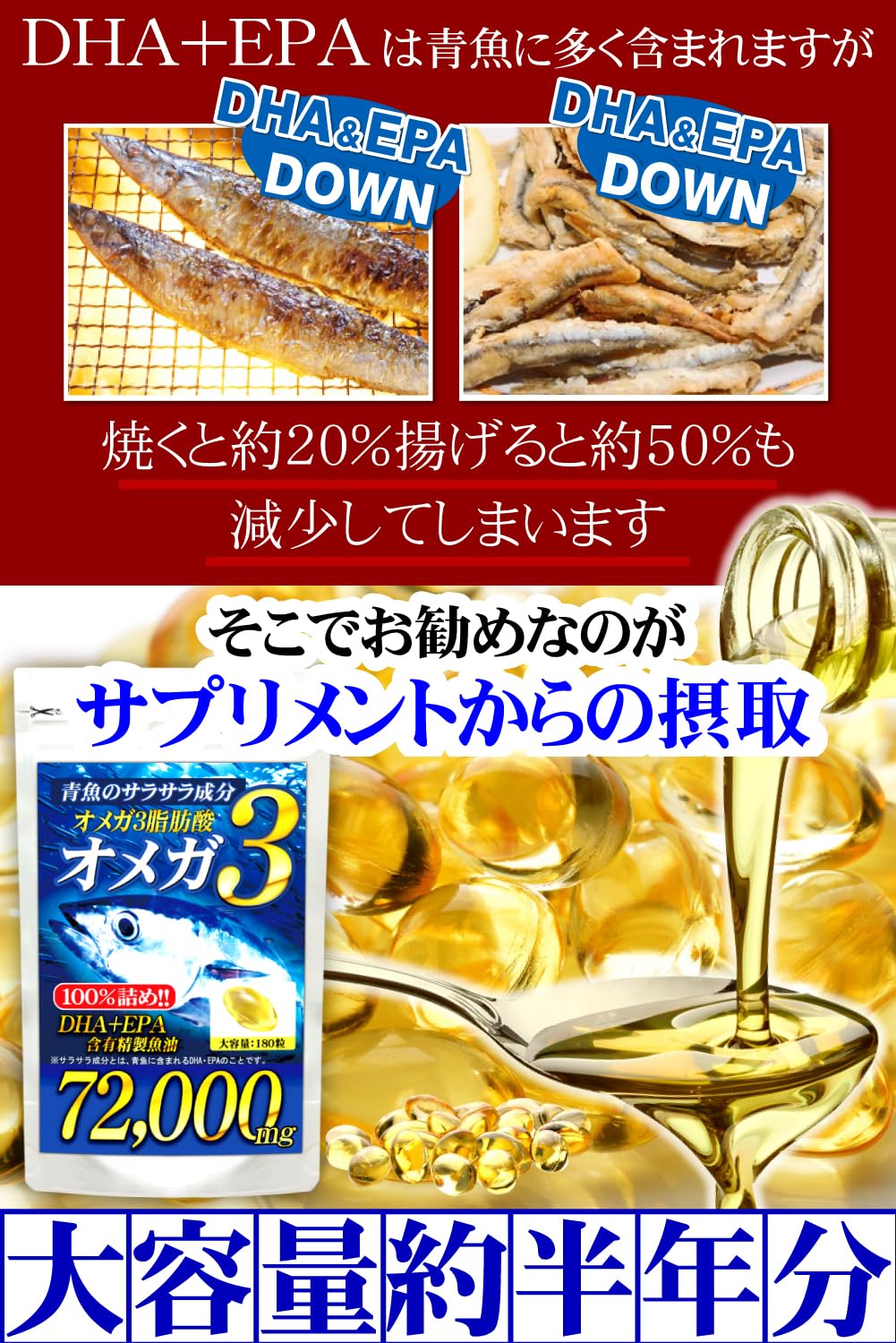 Amazon | （大容量：約6ヵ月分/180粒）青魚de72,000 | ビーティー | DHA