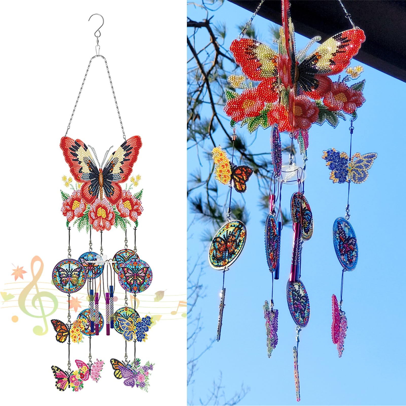 Encomag Women's For Mom Butterfly Flower Diamond Art Wind Chime Kit,Diamond Painting Hanging Ornaments,Diamond Painting Pendant,Gift For Grandma Wife Aunt Sister,Home Window Garden Yard Decor