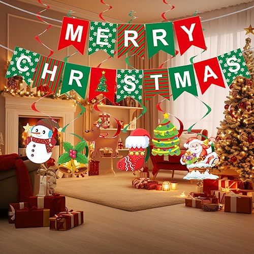 Miniatura 6 de Cartel de decoración de Feliz Navidad, decoración colgante de interior para fiesta de Navidad con 6 serpentinas en espiral y 14 globos para