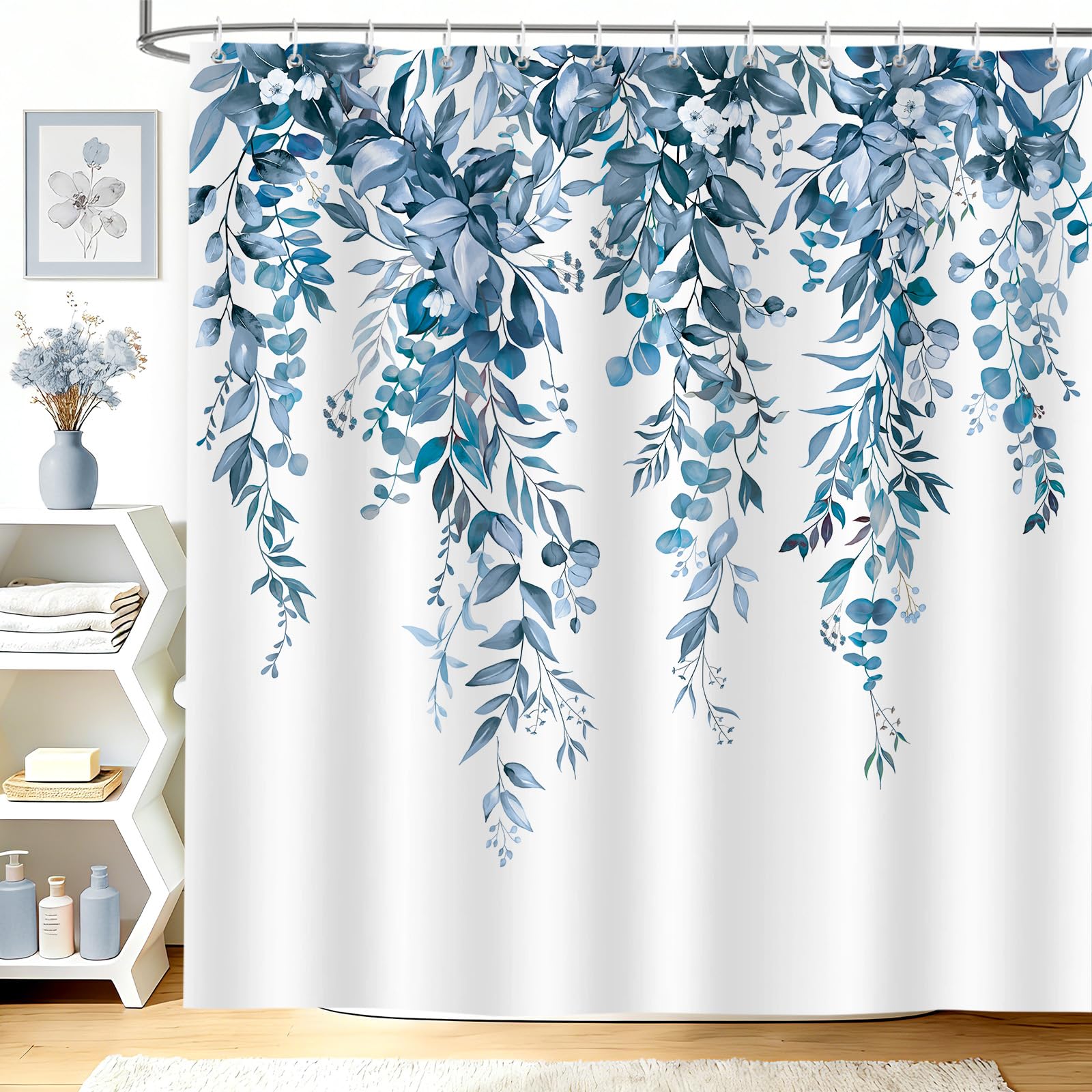 hometrixx Spring Floral Plant Shower Curtain Blue Eucalyptus Leaves Watercolor Bathroom Polyester Shower Curtains Machine Washable Waterproof Fabric with 12 Hooks, 180 x 200 cm