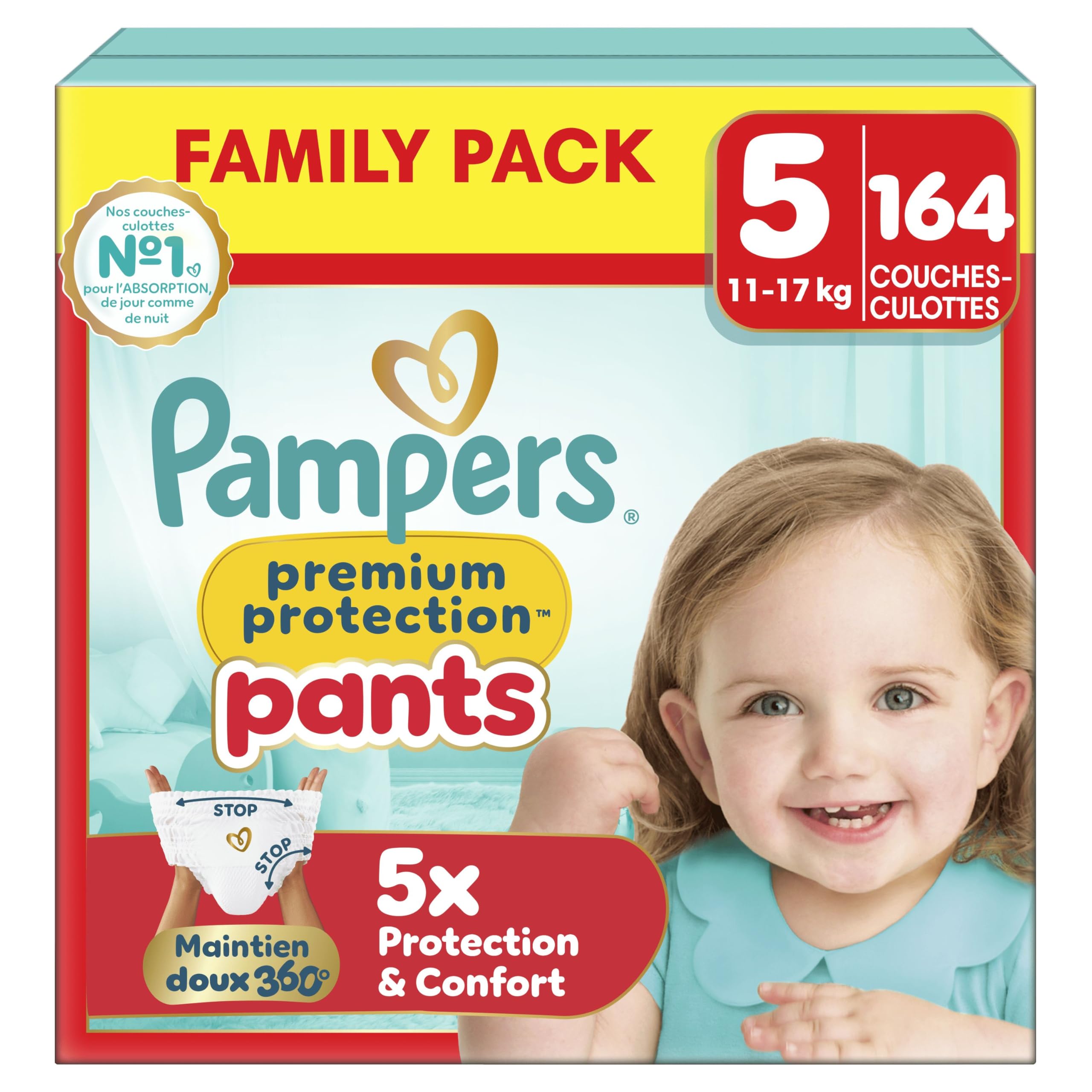 Pampers Premium Protection Pants Taille 5, 164 Couches-Culottes, 11kg-17kg, Maintien 360° et barrières anti-fuites douces pour un confort et une protection optimale, Family Pack