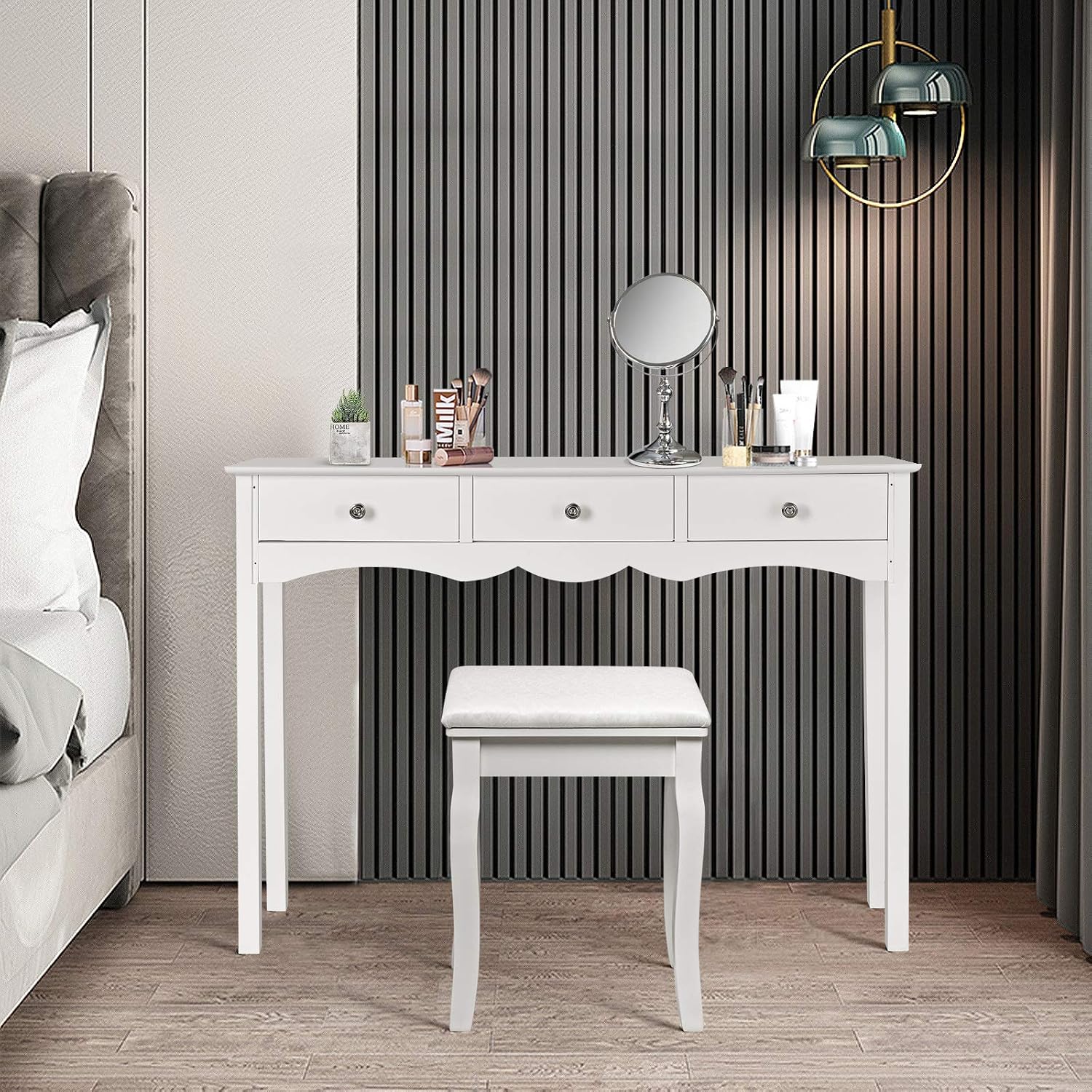 KOTEK Console Table with 3 Drawers, Wood Sofa Table Couch Table with Storage, Side Table Hall Table Entryway Table, Accent Table Desk for Living Room, Bedroom (White)