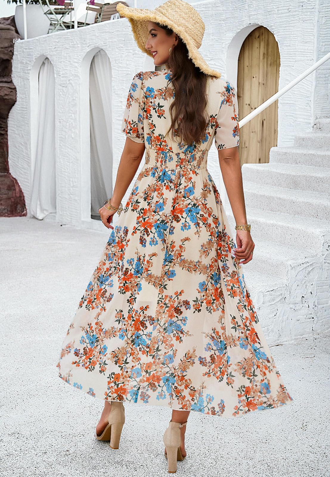 Vestito Donna Abito da Maxi Summer Dress Wrappy Short Work V Neck Floral Stampa in Vita Alta-Albicocca-l