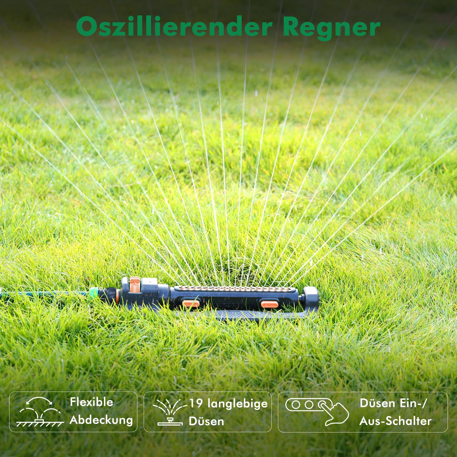 RESTMO Rasensprenger für 390 m², mit 19 Düsen & Gewichtssockel, Gartensprinkler-System mit Einstellbarer linker/rechter/Vollflächen-Beregnung für Garten und Rasen, Orange