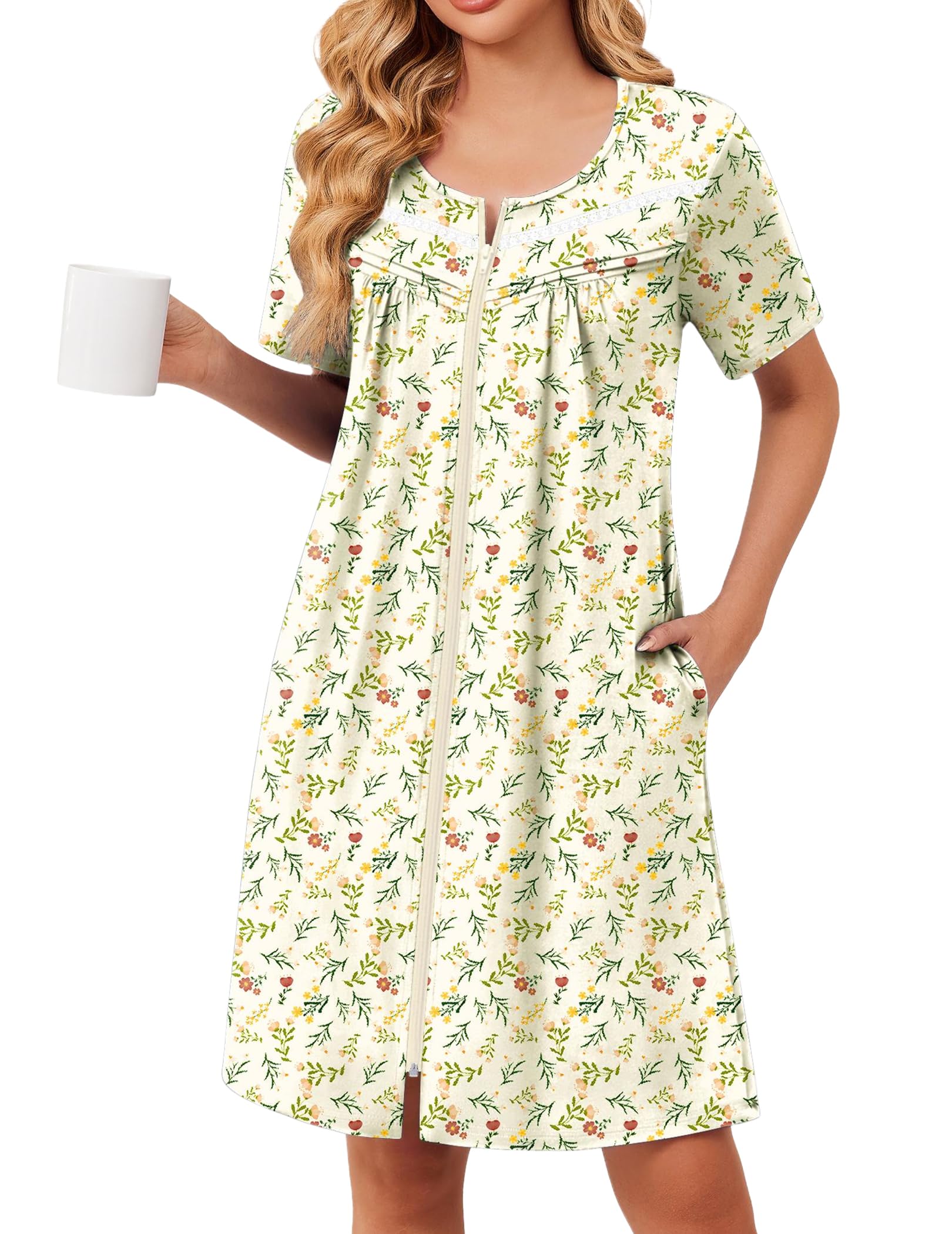 Ekouaer Zipper Robes for Women Short Sleeve Bathrobes Lace Lightweight House Coat Soft Zip Up Nightgowns with Pockets