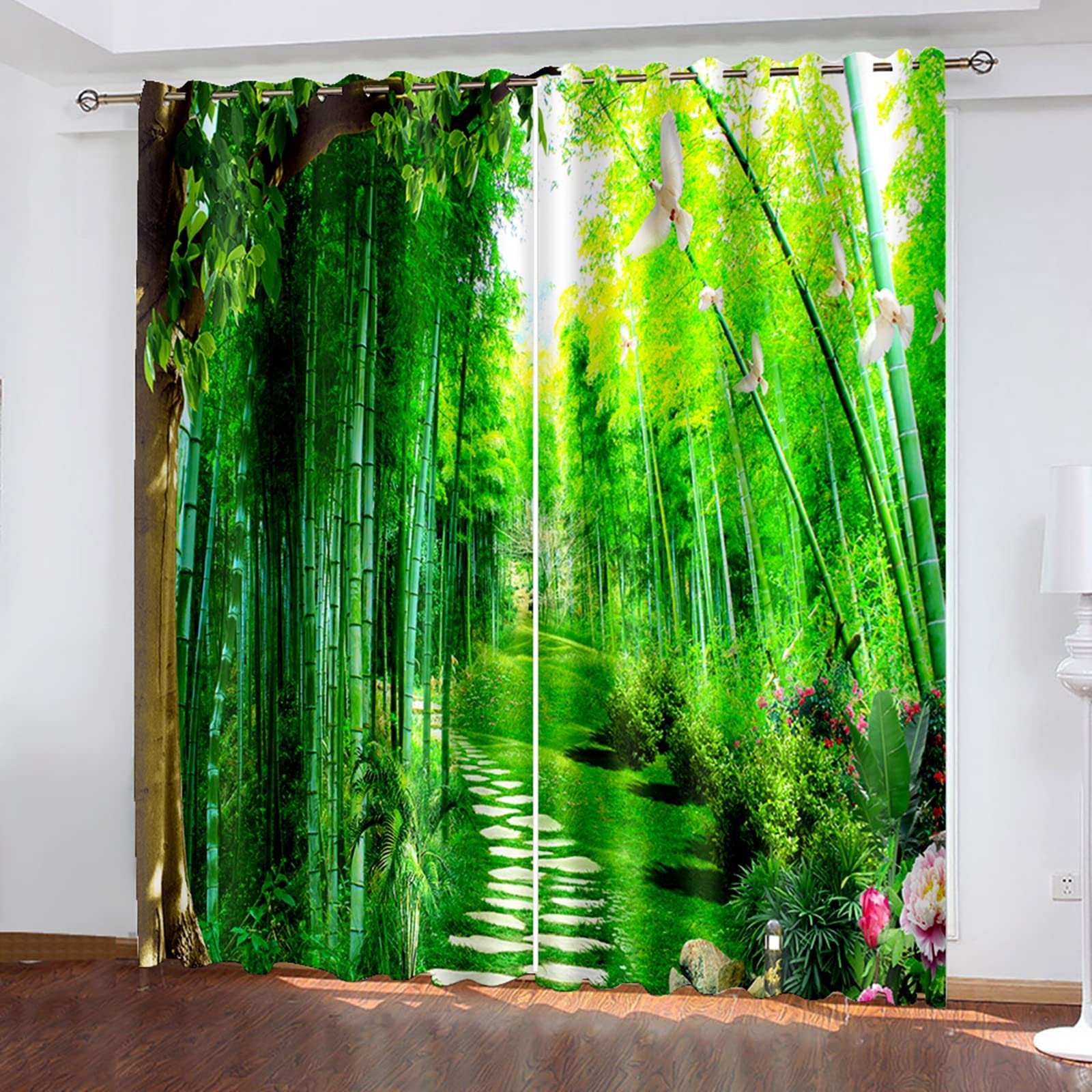 Aeici Cortinas Baño, Cortinas Cuarto Bambú Bosque Camino Flor Ave Verde para Dormitorio Sala de Estar, 214x138CM