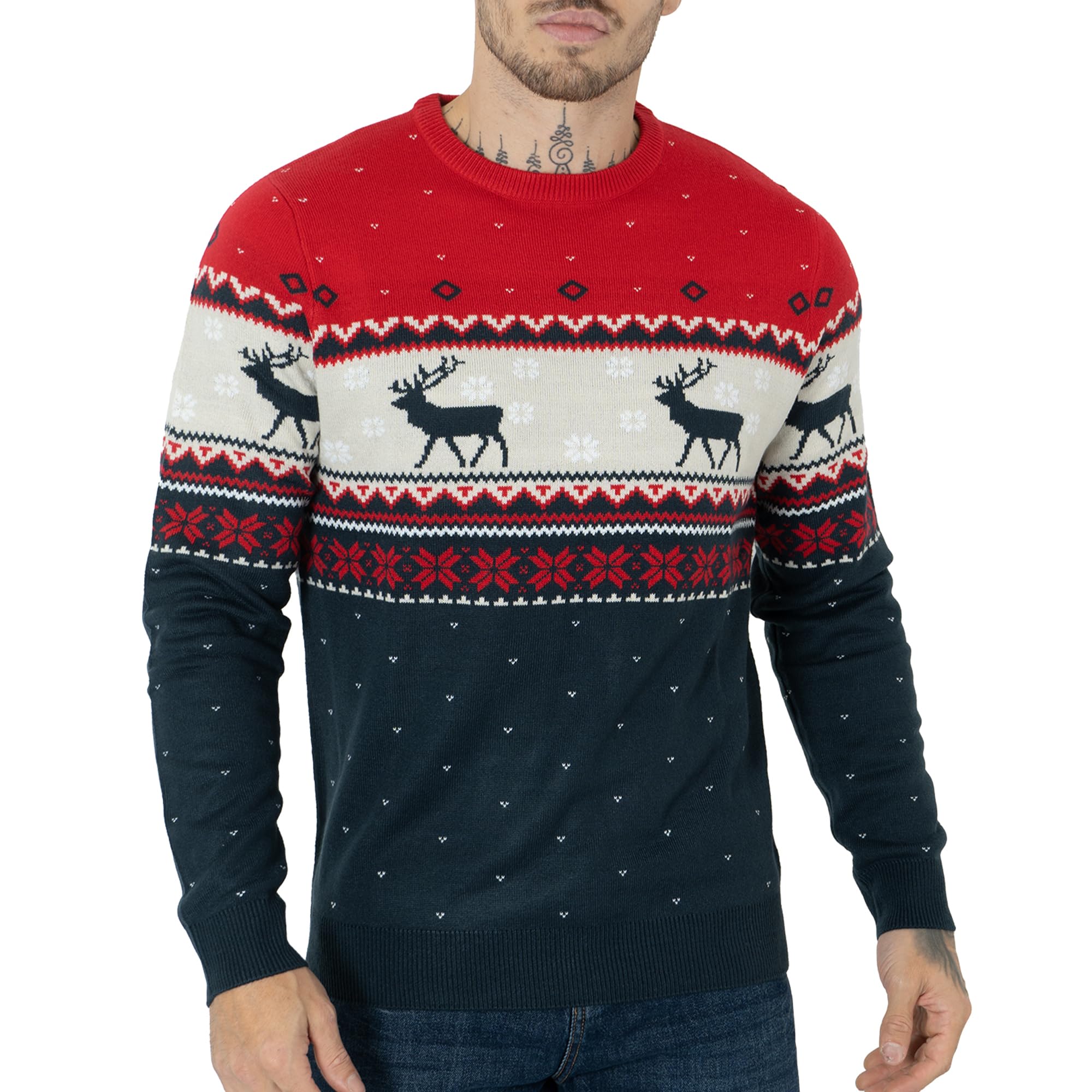 Noroze Men's Snowflakes Reindeer Navy Xmas Jumpers Fairisle Christmas Tree Reindeer Snowflakes Hoho Novelty Pullover Sweater (M, )