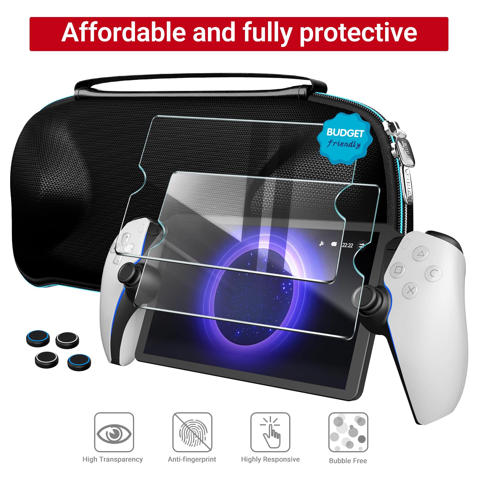 iVoler Etui do PlayStation Portal Remote Player z funkcją ładowania + 2 szt. szkła hartowanego. Sztywna torba podróżna, wstrząsoodporna, czarna