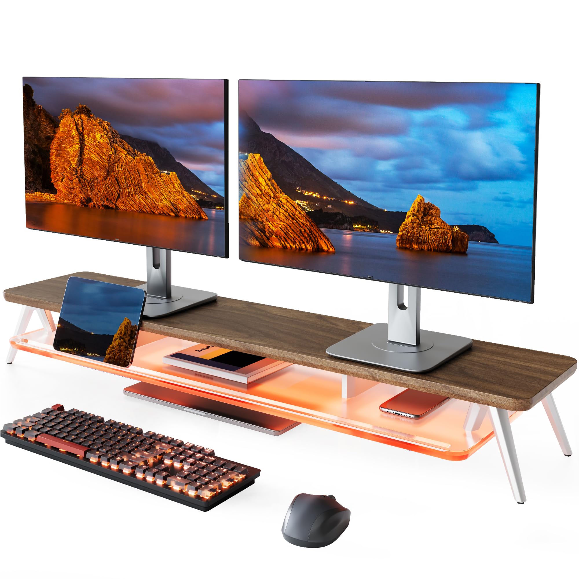 Fenge Monitorständer,108cm, LED-Beleuchtung für Laptop PC TV, Braun | Schaltbare Farben, 2 Geräte, Bis 45kg, Ablagefach für Telefon/Tablet/Stift, Acryl-Ablage, Bildschirm Schreibtisch Büro Home