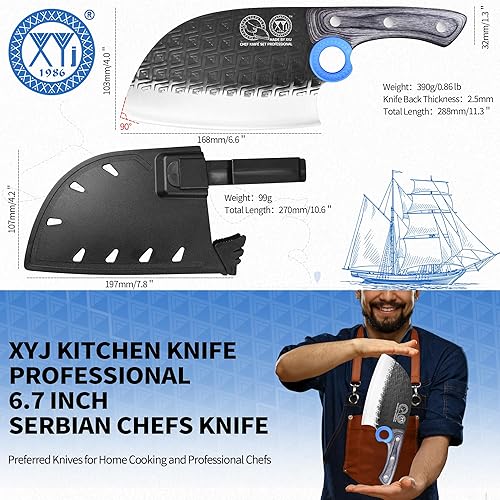 Miniatura 2 de XYJ Auténtico desde 1986, cuchillo de carnicero de chef serbio con estuche, cuchillo de cocina para verduras de chefs, espiga completa para acampar