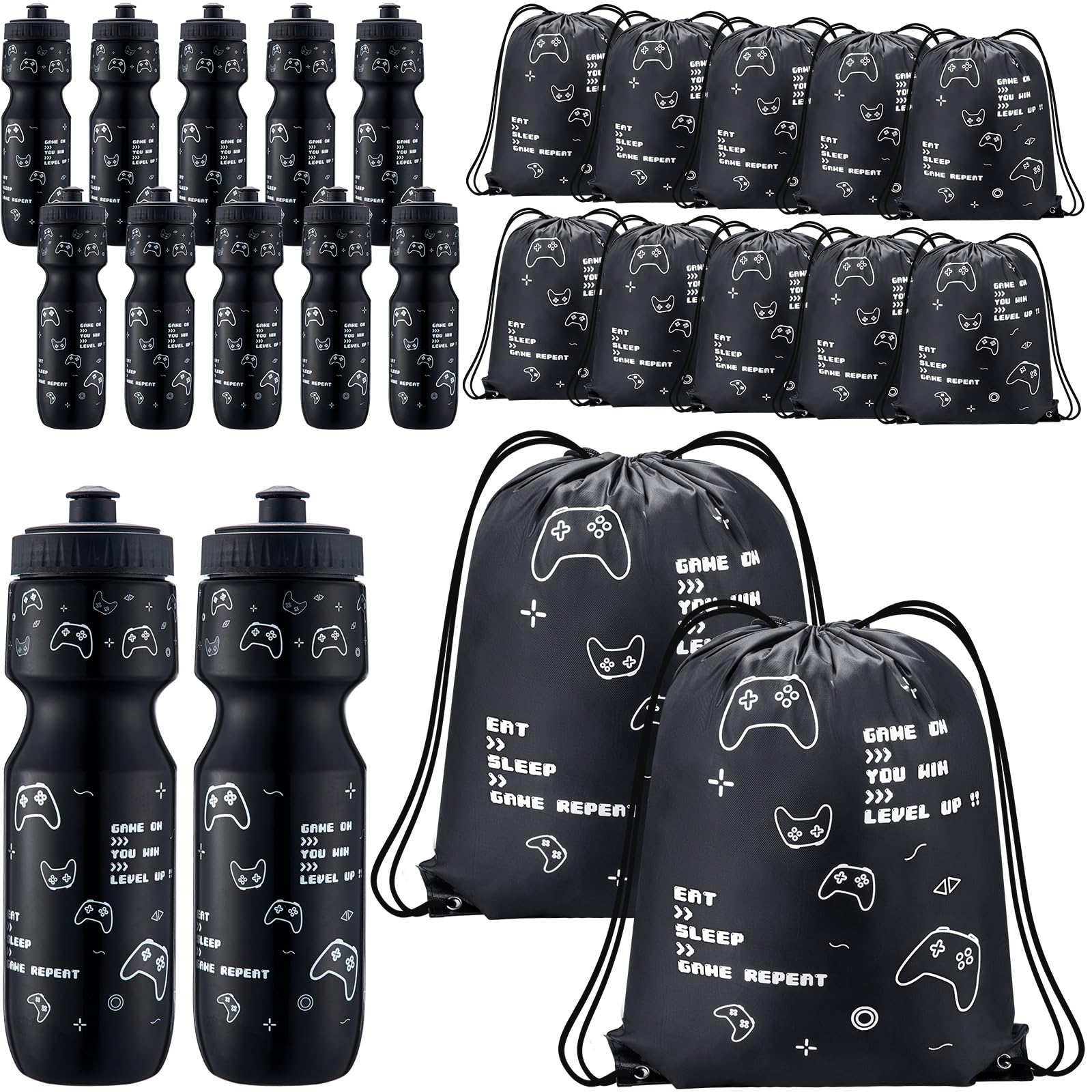 Talltalk 24 Pcs Video Game Party Favor 24 oz Water Bottles with Drawstring Bag Gaming Gift Cup Tumbler Gamer Party Birthday