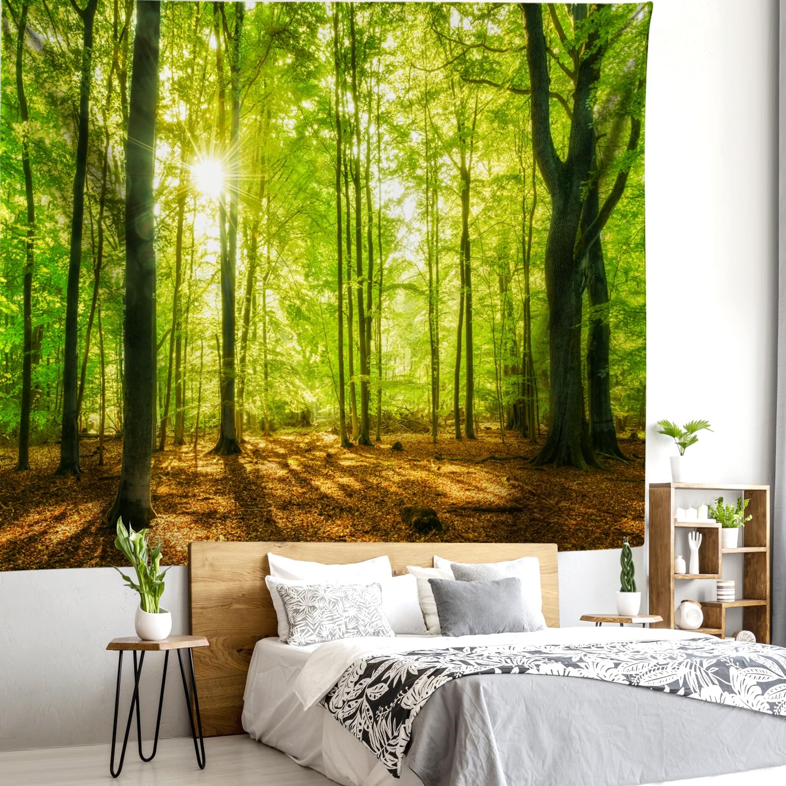 Lirzxin Tenture Murale XXL, Tapisserie Murale Jaune Vert Marron Arbre Nature Paysage Forêt Ensoleillé Tapisseries Décoration pour Chambre Salon Dortoir, 350x256 CM