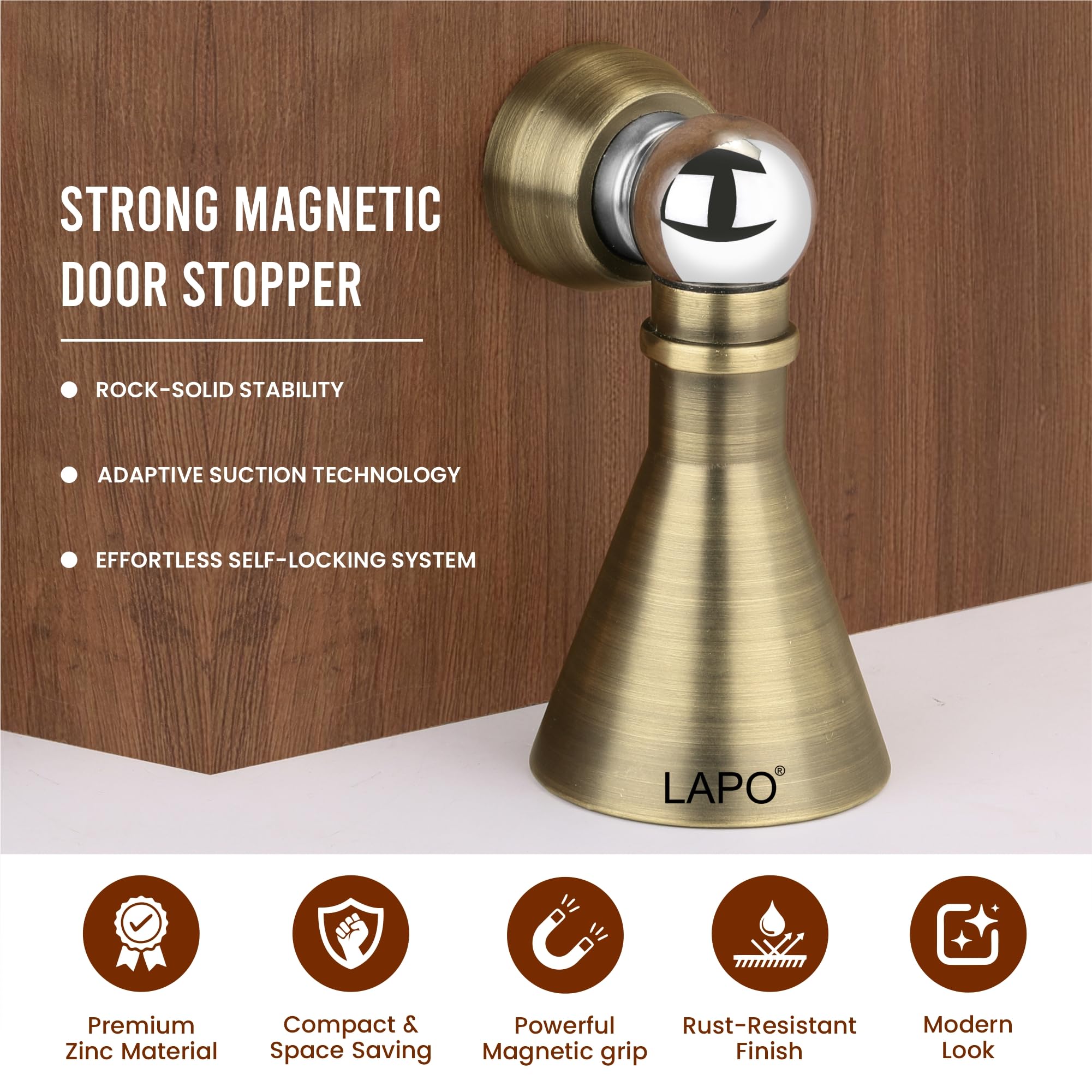 LAPO Premium Stainless Steel Magnetic Door Stopper | Soft-Close Door Catch | Adjustable Angle Design | 360° Hold | Strong Door Holding | Quick Installation | Antique Finish | Pack of 1 — Amazon image 3