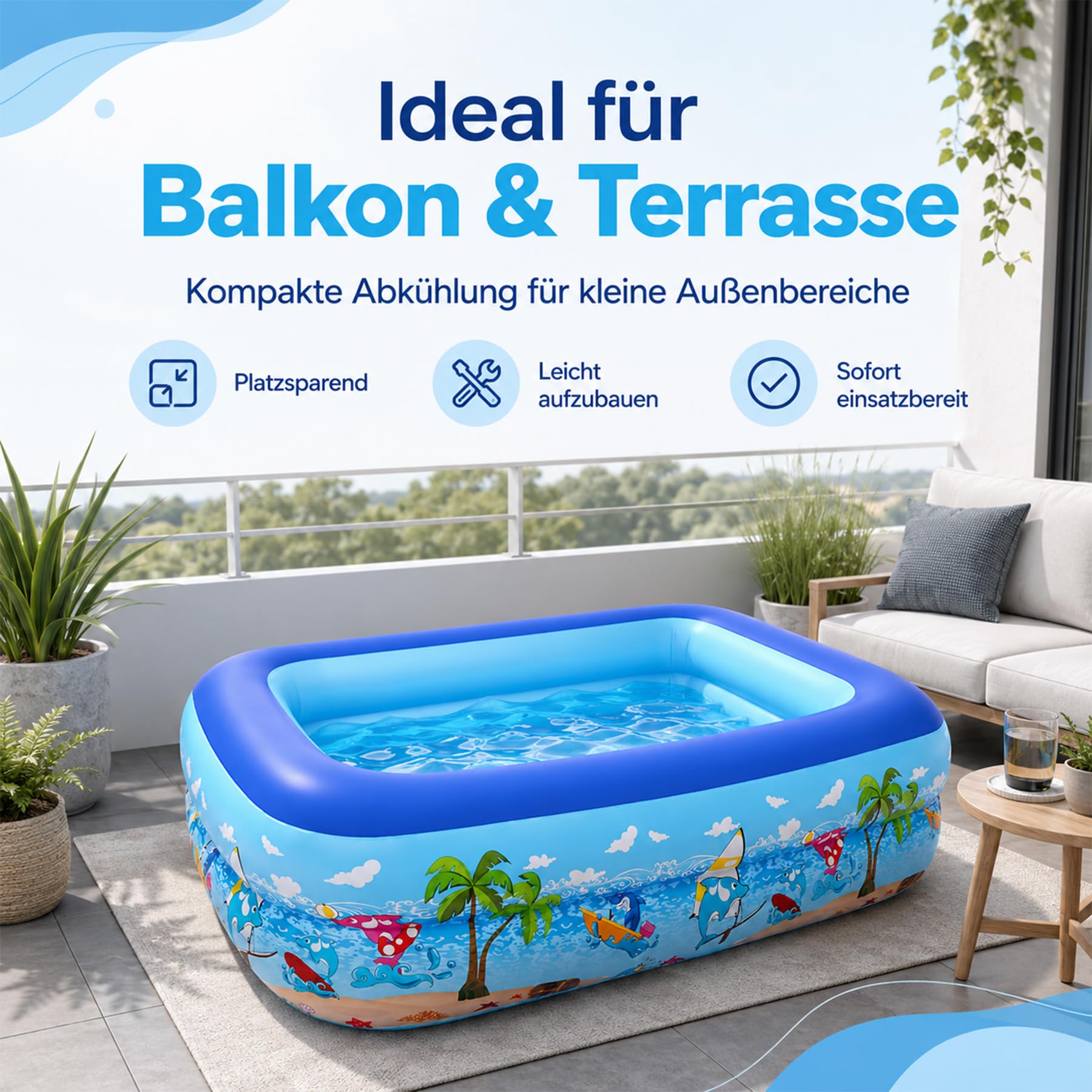 Planschbecken für Kinder,Kinderpool,Planschbecken Eckig,Planschbecken Deep Dive 105 x 75 x 30 cm,Pool für Sommer Strand Garten Wasserspaß