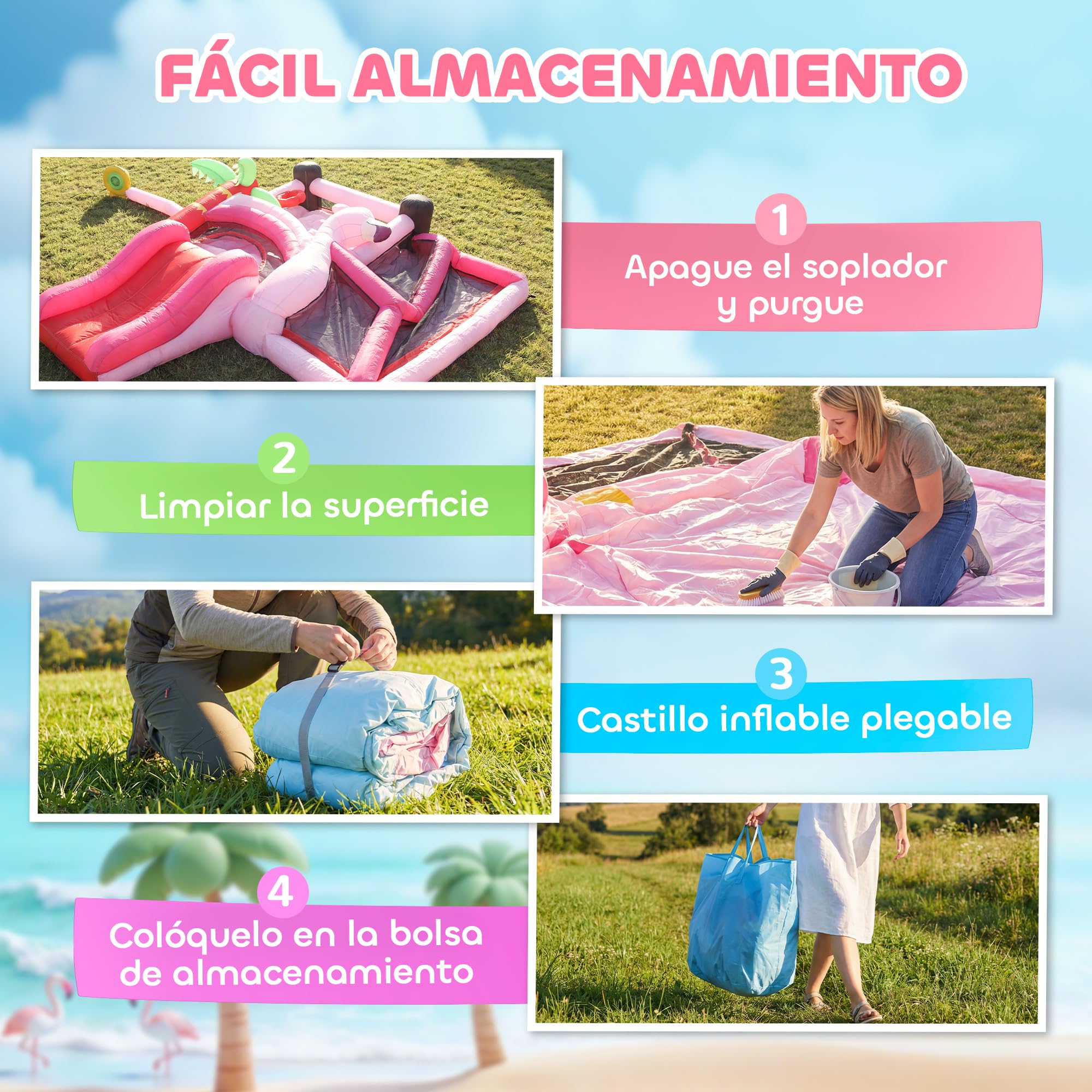 AIYAPLAY Castillo Hinchable para Niños con Soplador, Castillo Hinchable con Tobogán, Cama Elástica, Piscina de Pelotas, Canasta de Baloncesto, Diseño de Flamenco, Interior y Exterior, 255x230x196 cm