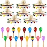 Swakuta 24 Pcs Mexican Party Favors including 8 Pcs Mexican Fiesta Straw Sombrero Hat with 16 Pcs Wooden Fiesta Maracas for Kids Adluts Mexican Festival Party Decor Luau Photo Prop