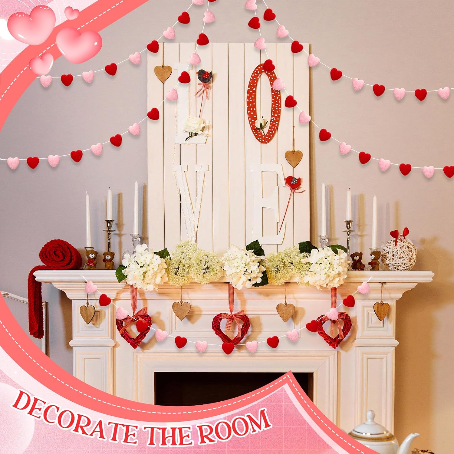Breling Felt Heart Garland Banner 5.25 Feet Long String of Hearts Garland 18 Handmade Valentines Decorations for Gothic Bridal Shower Party Wedding Wall Decors (Red, Pink)